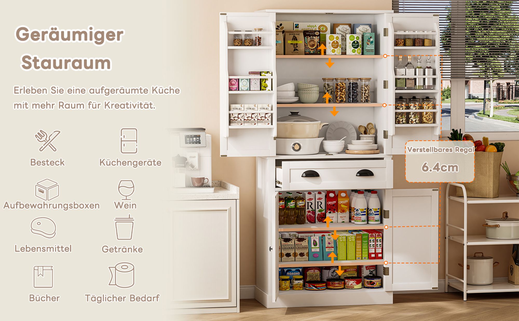 Flieks Hochschrank, Küchenschrank mit 6 Staufächer, Aufbewahrungsschrank für Küche, Esszimmer und Wohnzimmer, Schrank Weiß