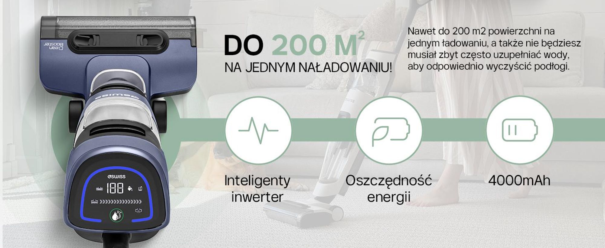 4Swiss VC024 Clean Booster – bezprzewodowy odkurzacz do czyszczenia na mokro i na sucho o mocy ssania 15 000 Pa – odkurzacz akumulatorowy z funkcją mycia podłóg, samoczyszczący, inteligentny odkurzacz z funkcją mycia