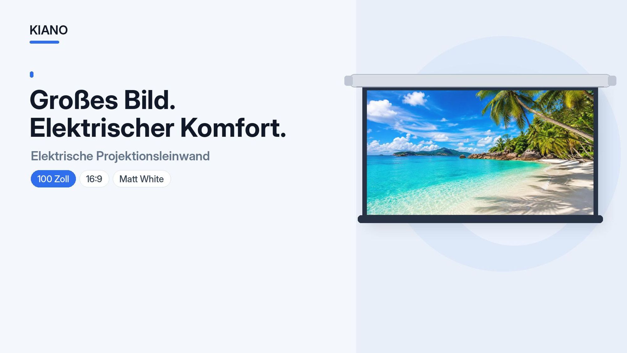 Kiano Electric 100 Zoll Beamer-Leinwand 16:9 Matt White, elektrisch, für Wand und Decke, Heimkino, Büro und Präsentationen