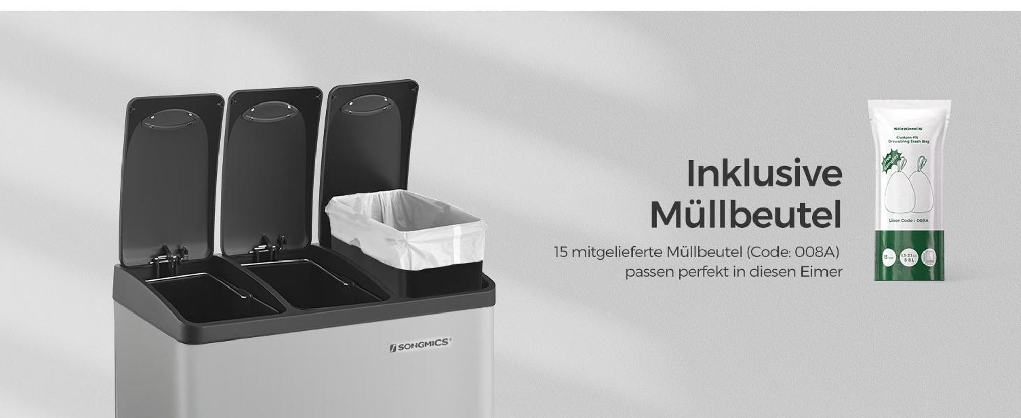 SONGMICS Mülleimer Küche, 3 x 8 Liter, Mülltrennsystem 3 Fächer