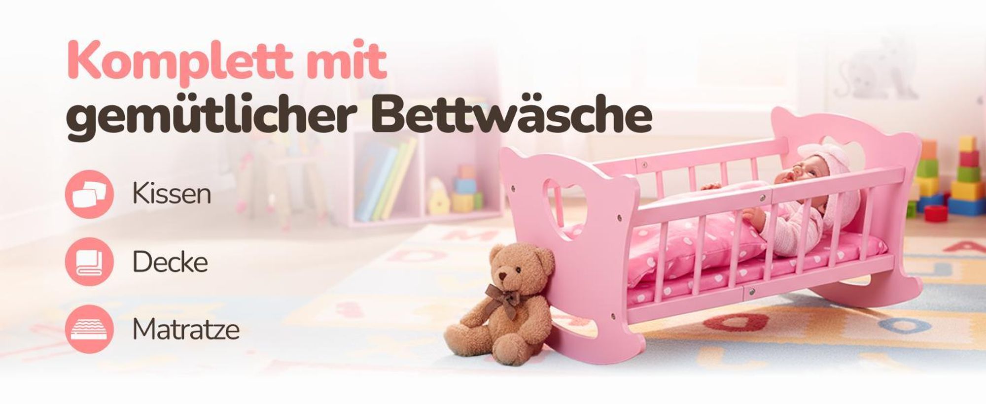 Kinderplay Holzpuppenwiege mit Bettwäsche – große Puppen-Schaukelwiege aus Holz für Puppen bis 49,5 cm – mit Matratze, Kissen und Decke – Modell GS2106