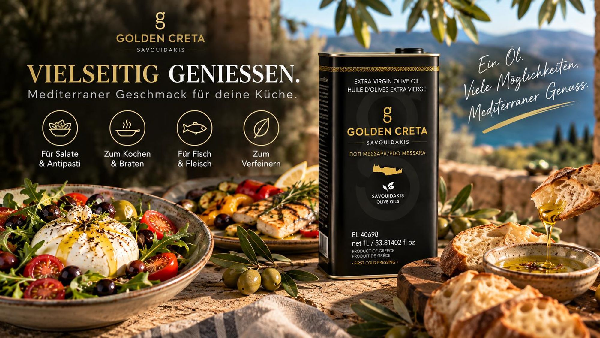 Golden Creta Olivenöl Extra Nativ aus Süd-Kreta – vielseitig für Salate, Kochen, Braten, <b>Fisch</b>