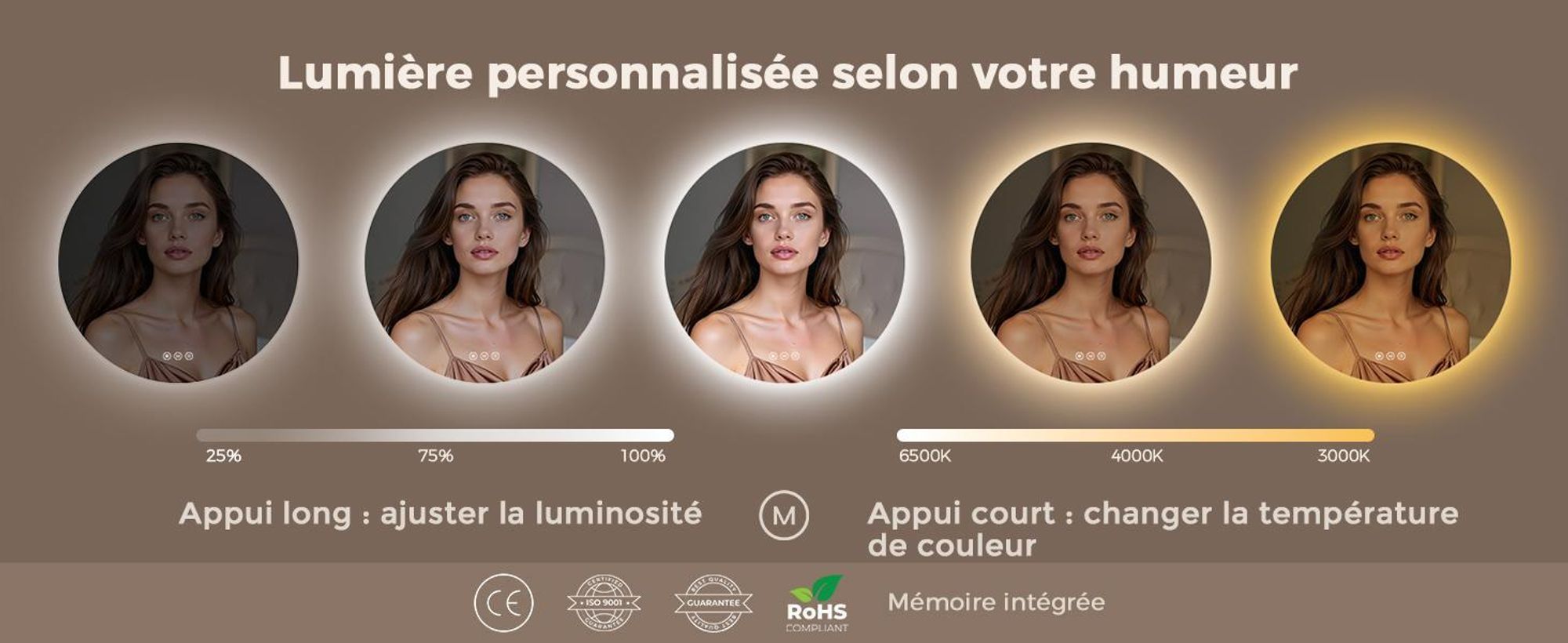 Miroir de salle de bain avec éclairage, rond, 80 cm, miroir LED S'AFIELINA, intensité réglable, 3 couleurs de lumière, anti-buée,tactile, fonction de mémorisation, IP65, étanche pour la salle de bain