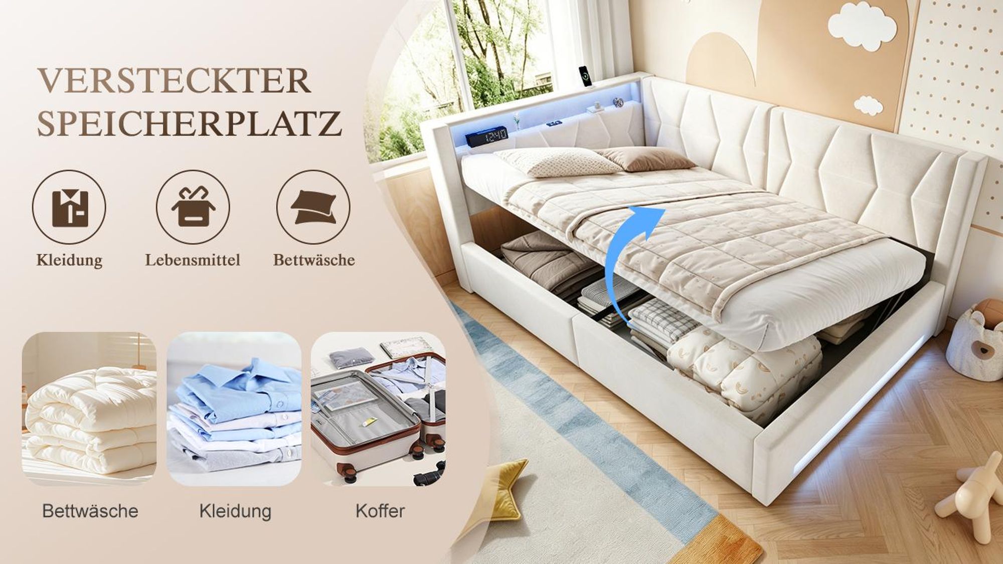 LVHOM Polsterbett 140x200cm Eckbett aus Samt, Stauraumbett mit LED und USB-C, Funktionsbett mit Bettkasten und Lattenrost, Doppelbett Beige