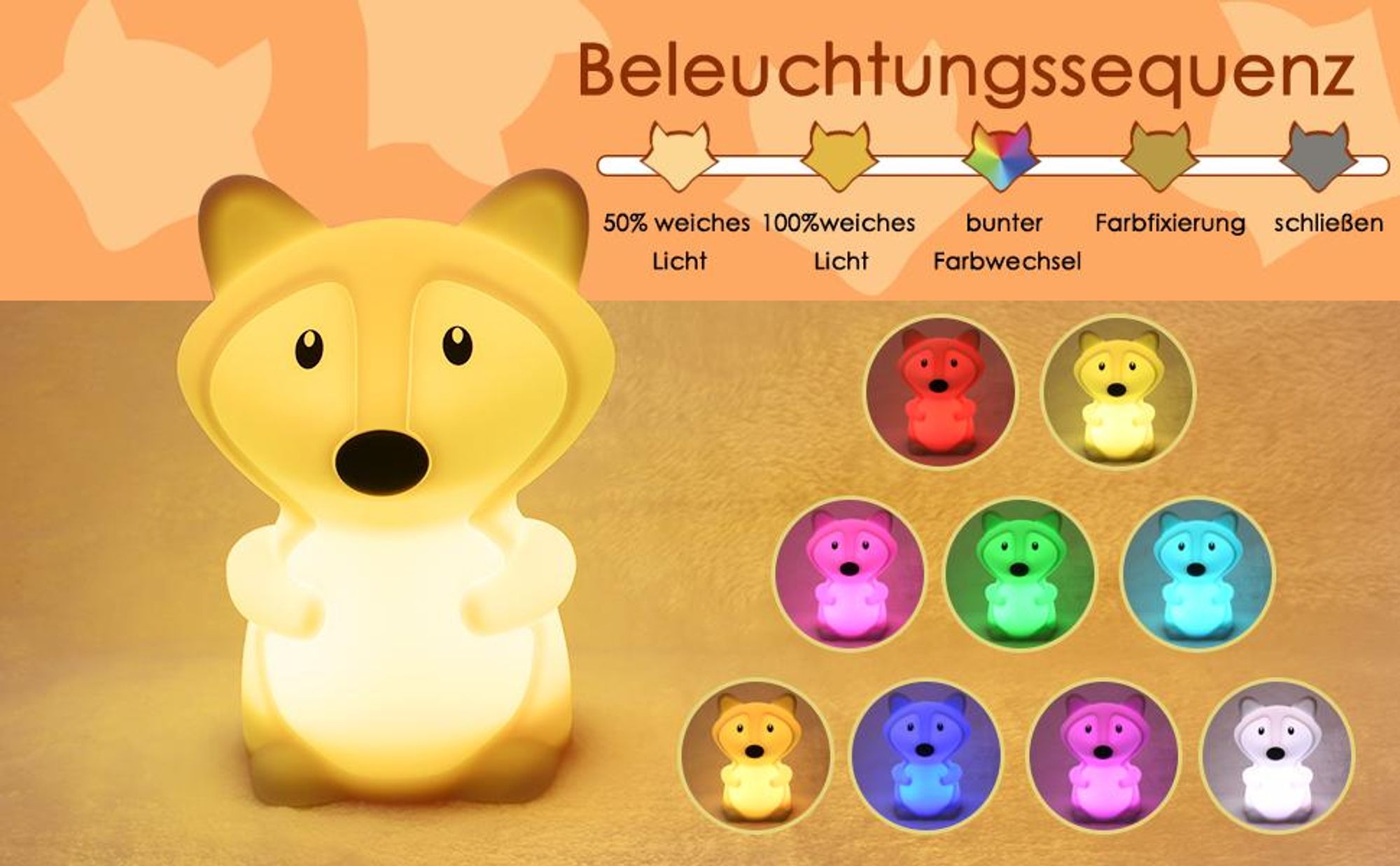 9 Monochrom 18h Working Eye-caring Mit Timer Nachtlicht Kinder Fuchs Mit Fernbedienung 700mAh Dimmba Silikon Nachtlampe Mit Touch