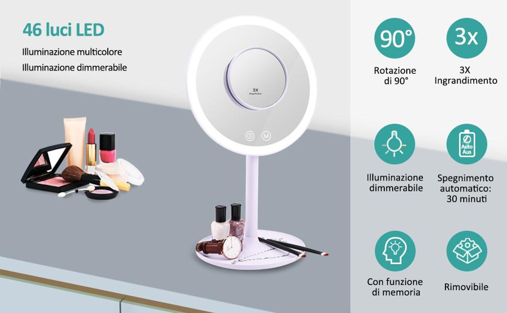 Specchio LED EMKE con 3 colori di luce, ingrandimento 1/3x, interruttore a sfioramento e funzione di memoria, lente d'ingrandimento per specchio da bagno (viola)