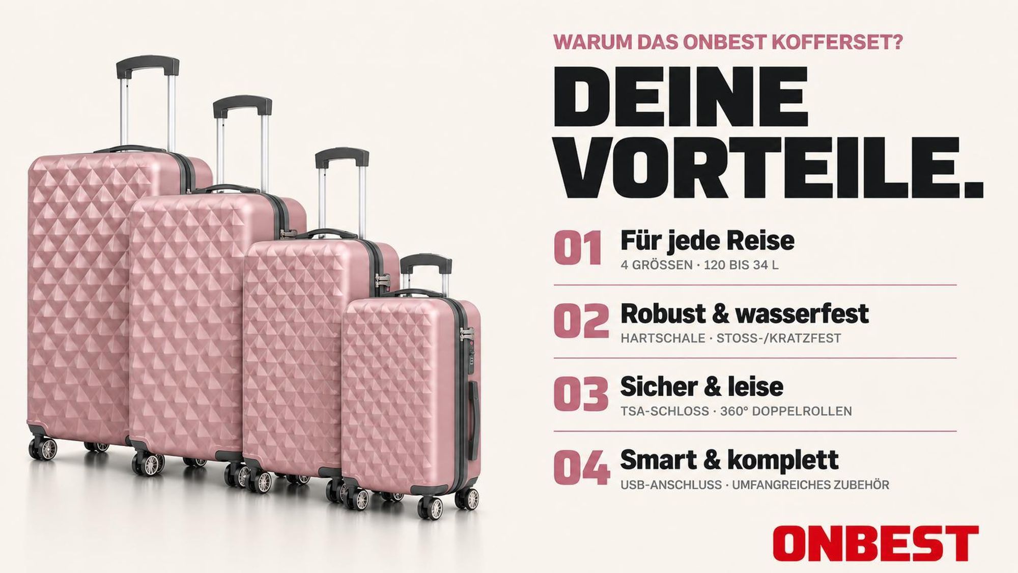 ONBEST Hartschalen Koffer Set | 4-teilig | Rose Gold | mit TSA-Schloss | USB-Anschluss | viel Zubehör | 360° Doppelrollen
