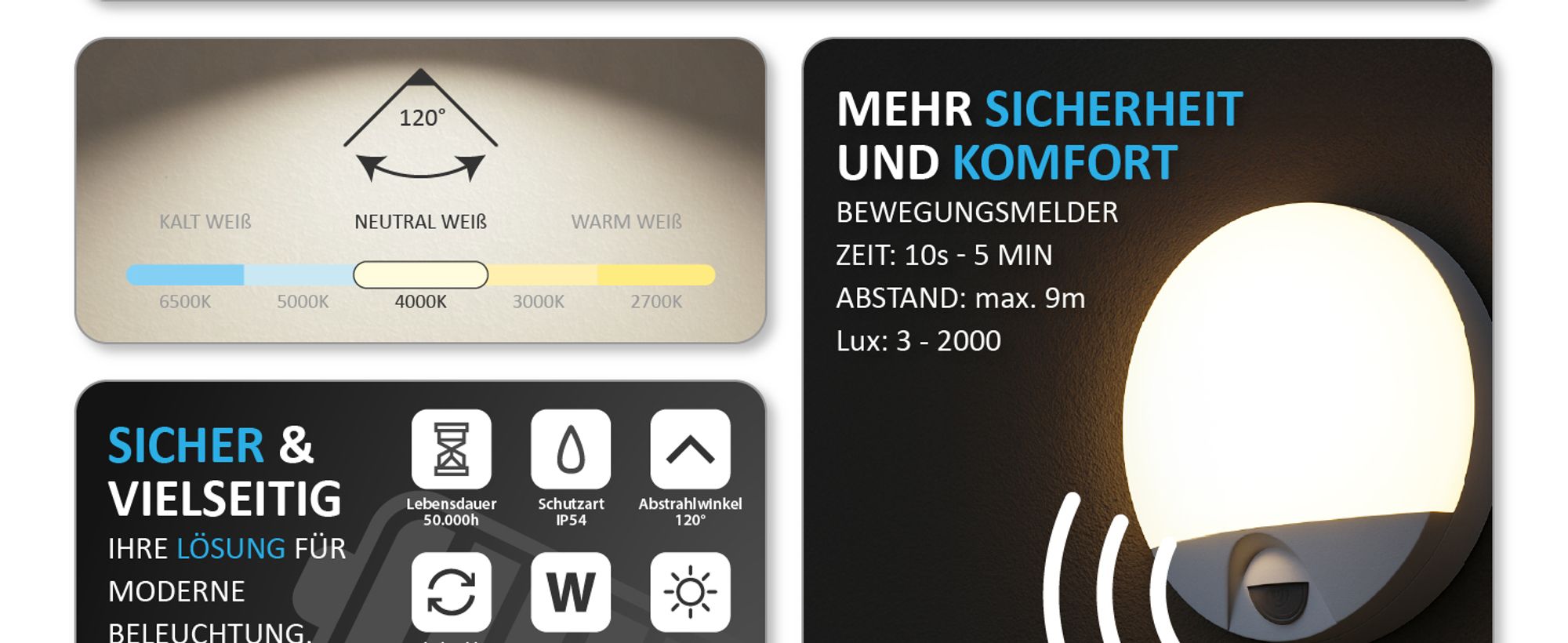 ALMAZ LED Außenwandleuchte weiß mit Bewegungssensor – 15W, 4000K, IP54, 2000lm