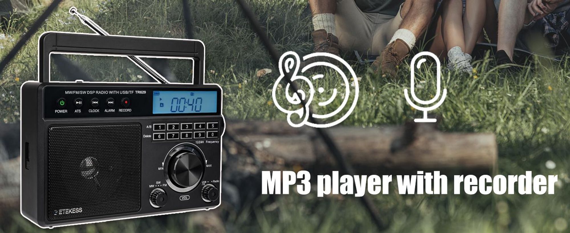 Retekess TR629 Přenosné rádio, nouzové rádio AM FM SW World Receiver s DSP, podporuje U disk/SD kartu, hodiny, budík, rádio na baterie, dárky pro seniory