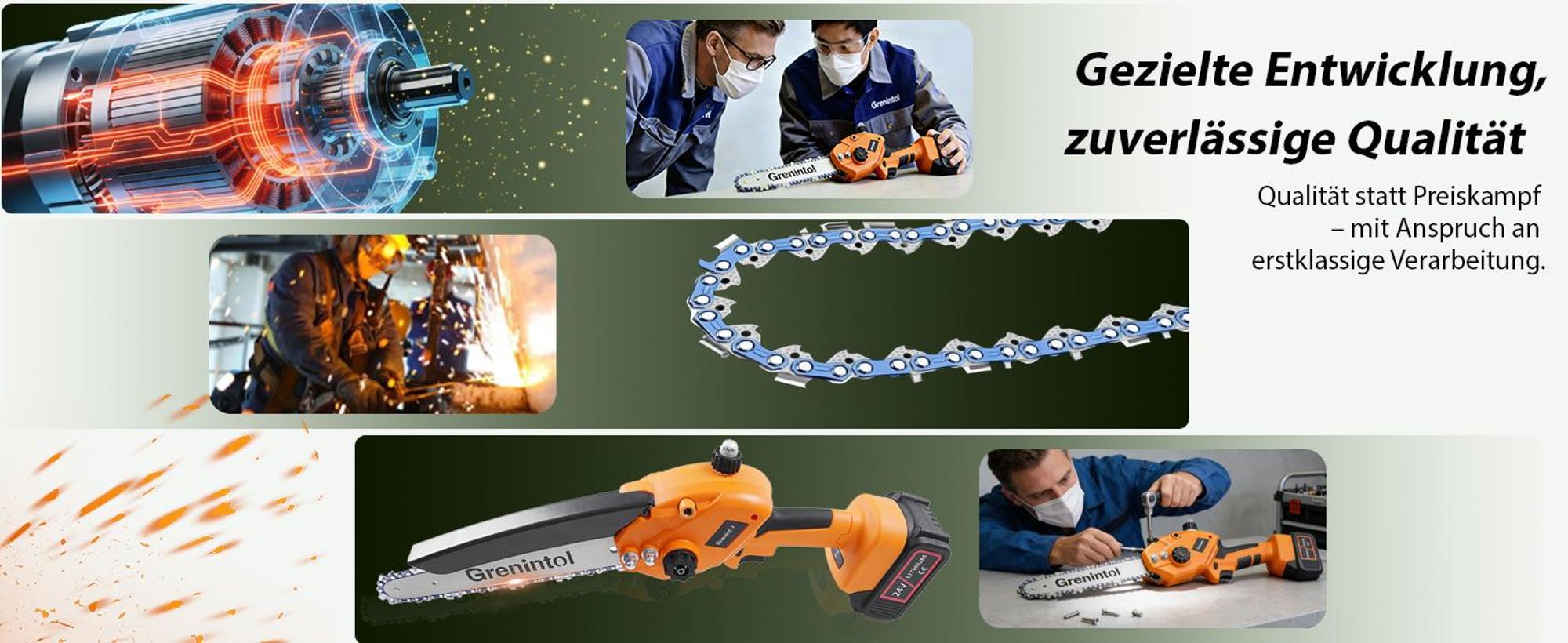 Grenintol 8 Zoll Akku-Kettensäge, 1000 W Mini Kettensäge mit 2 × 3000 mAh Akkus, Astsäge, Akku Motorsäge, Einhand-Kettensäge für Äste, Garten und Holz