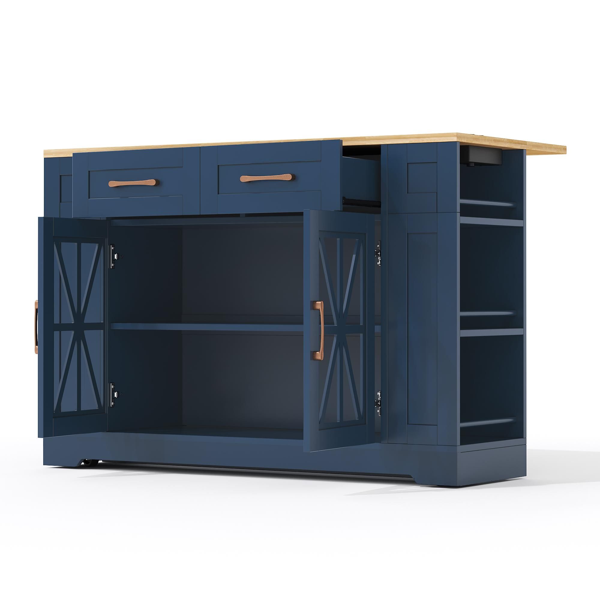 Flieks Servierwagen mit klappbarer Arbeitsplatte, Küchenwagen mit AC-Anschluss und USB-Anschluss, Küchenschrank mit Glastüren, Blau