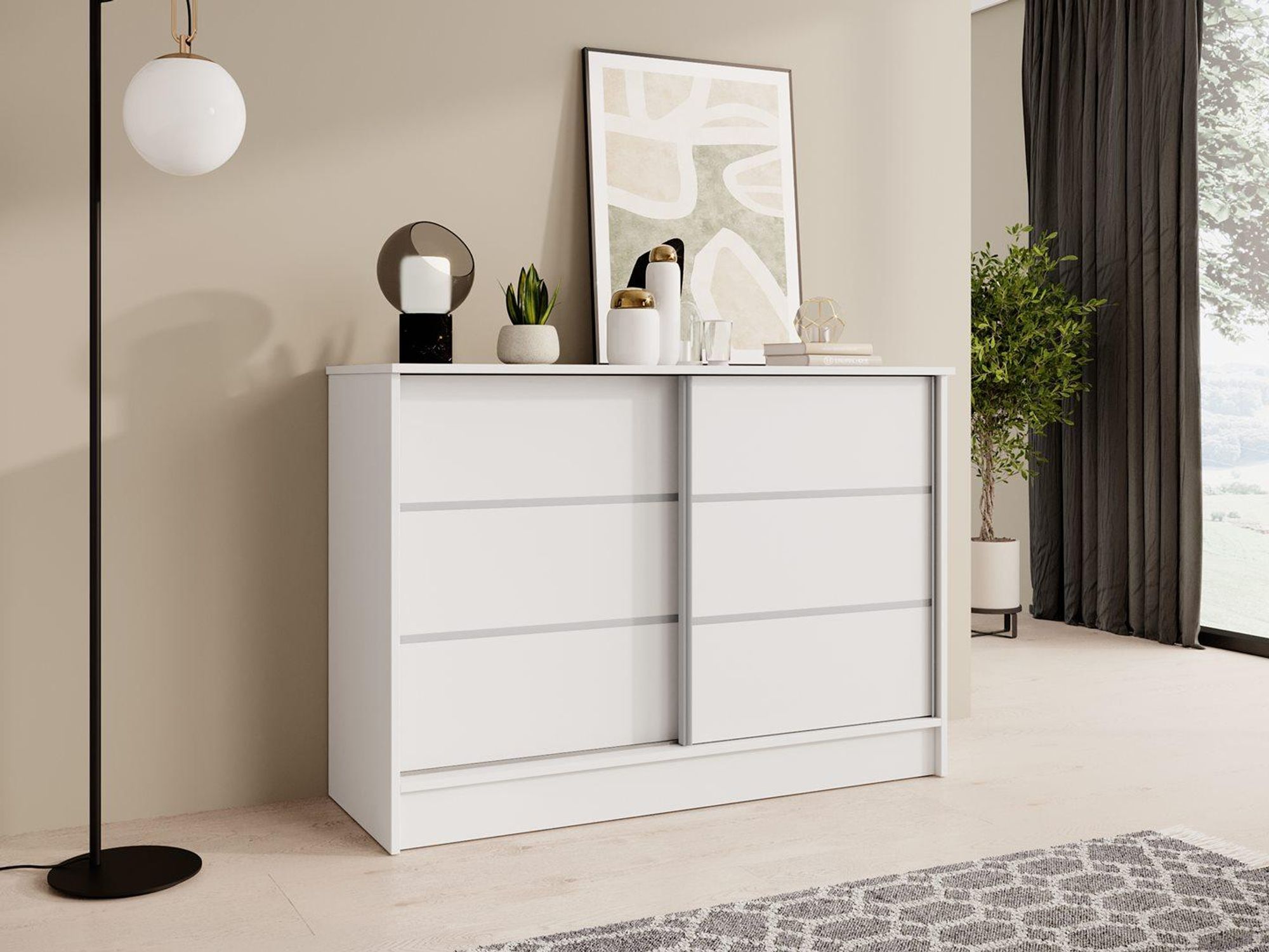 Commode BEAUTYSOFA MIRELA 120 cm Blanc/Blanc, buffet à 2 portes coulissantes, buffet haut avec moulures décoratives, buffet moderne, nombreux espaces de rangement