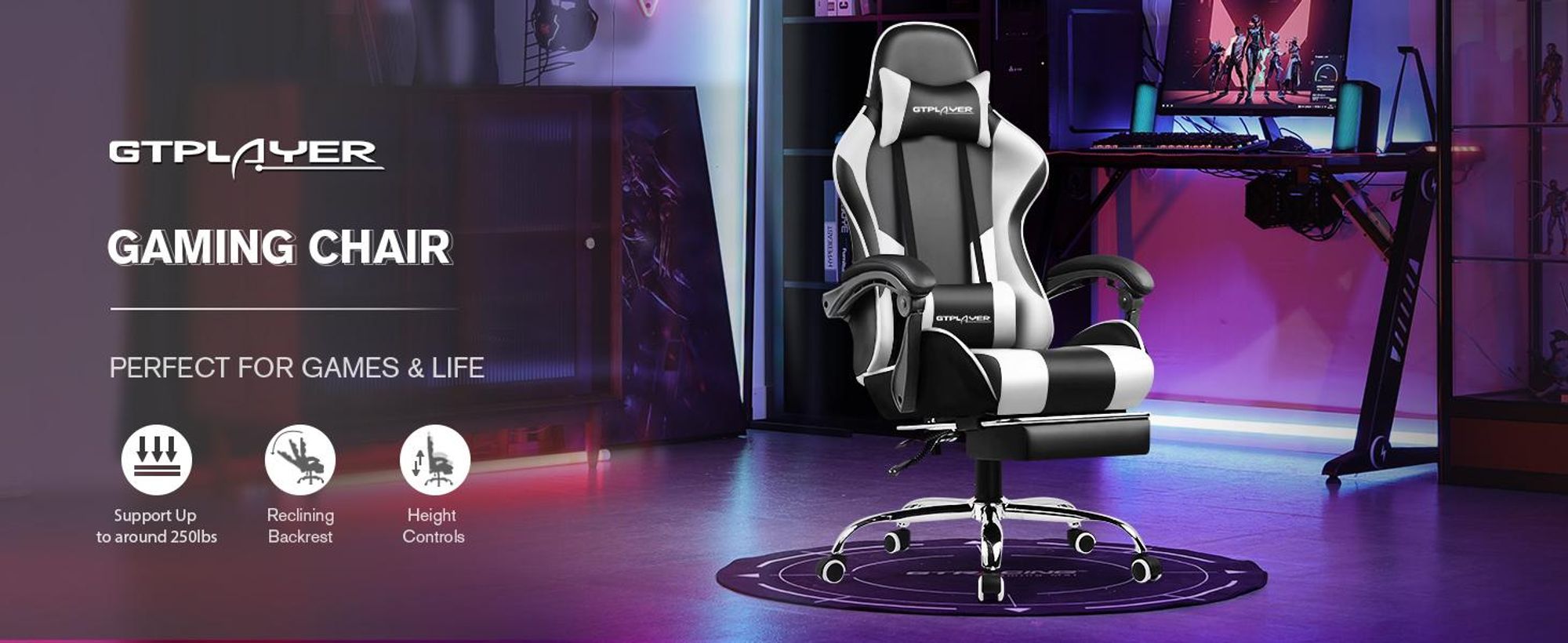 GTPLAYER fotel gamingowy, ergonomiczny fotel biurowy z funkcją masażu i podnóżkiem, łącznik z uchwytem, stalowa podstawa, biały