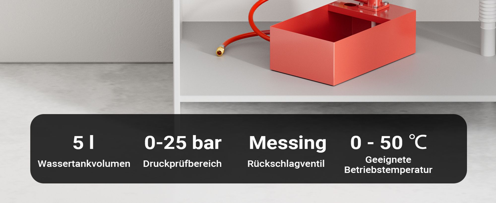 Wiltec Befüllpumpe und Prüfpumpe mit 5 l Füllmenge, Abdrückpumpe für Heizung und Solar, Druckprüfpumpe mit 25 bar Prüfdruck