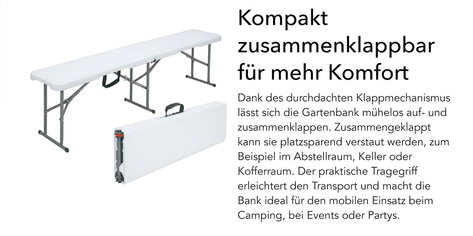 Floordirekt Gartenbank Chiba klappbare Sitzbank wetterfest 183 cm in Weiß für Garten, Balkon & Events