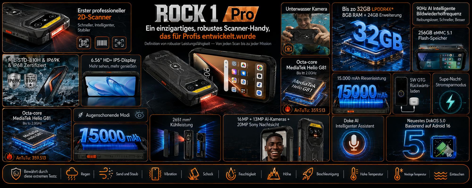 Blackview ROCK 1 PRO 6.56" Militarisches Outdoor handy, 32+256GB, Android 16, 15000mHA, 33W, Face ID, 16MP+13MP+20MP, Helio G81, IP69K/IP68
