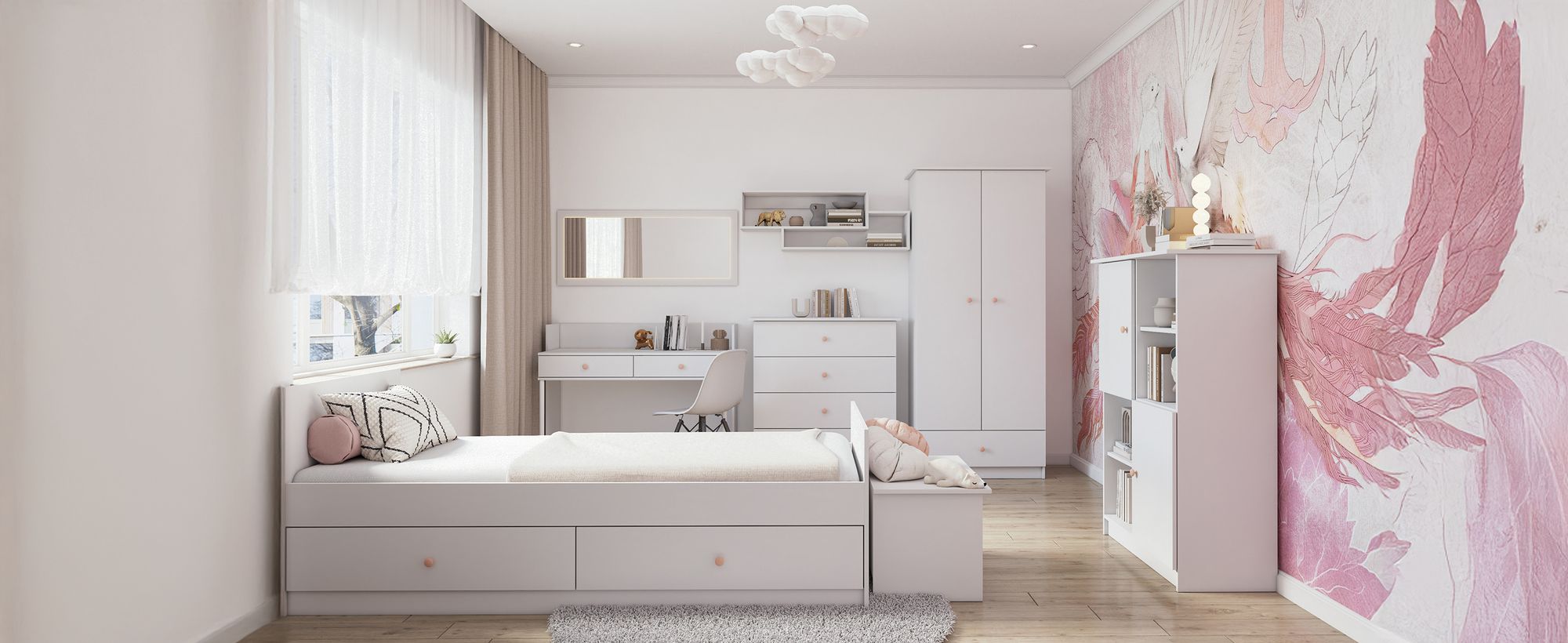 Bett Bettgestell Kinderbett Einzelbett Bett 90cm Weiß/Weiß mit zwei Schubladen ohne Matratze rosa Griffe Olaf 36