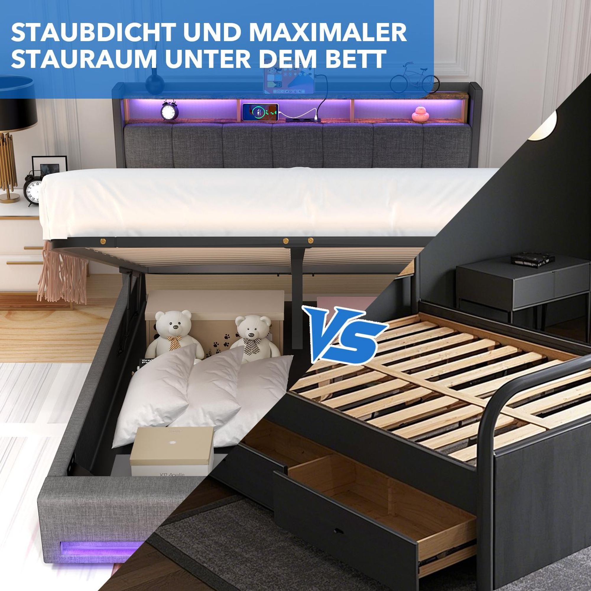Kopfteil mit LED-Beleuchtung und Ladestation (2 AC ,1 USB, 1 Typ-C).