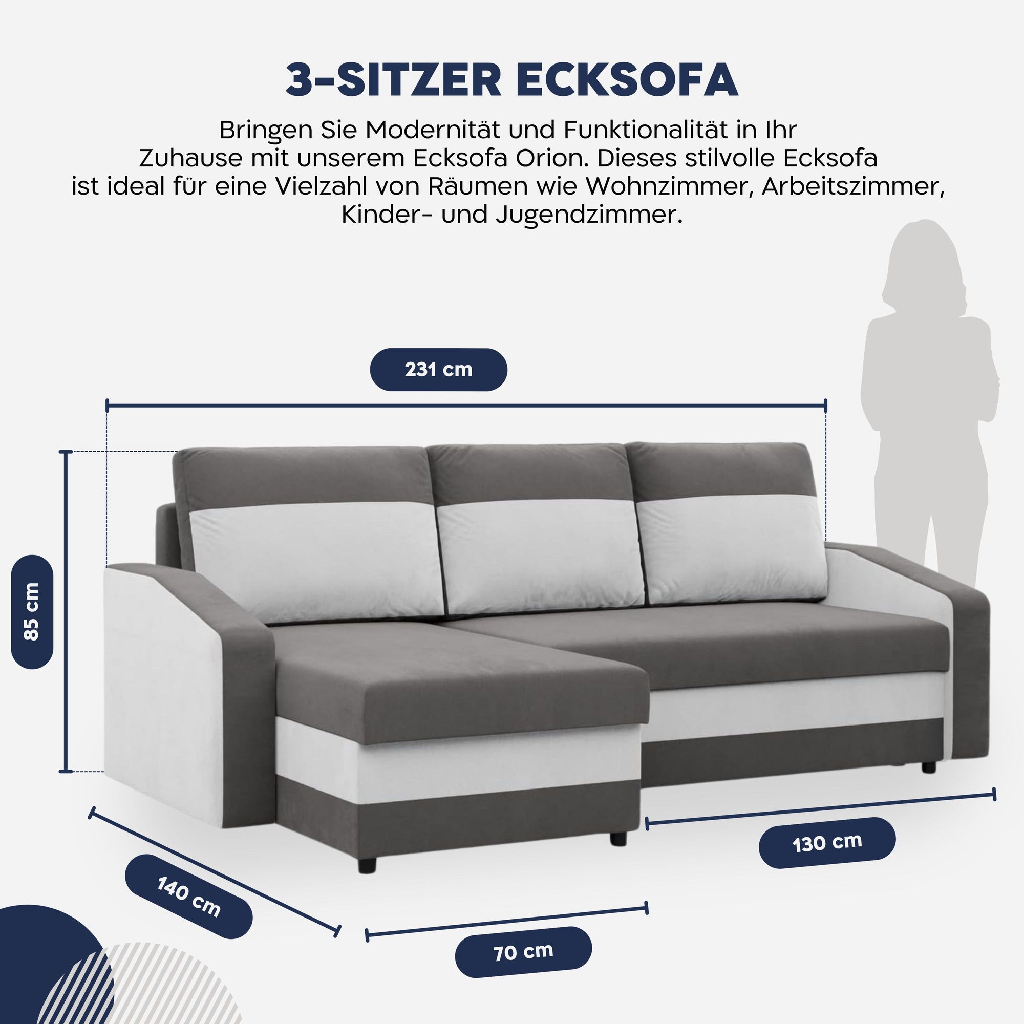 Ecksofa mit Schlaffunktion Orion, Universelle Seite, Grau + Weiß