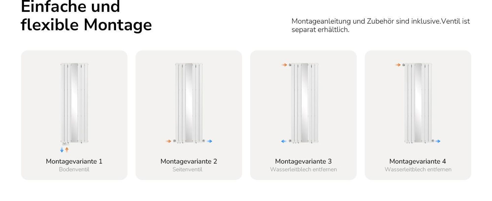 EMKE Designheizkörper mit Spiegel Vertikal 1800x608 mm, Badheizkörper Warmwasser 1788W, Paneelheizkörper Doppellagig, Wandheizkörper für Wohnraum Weiß