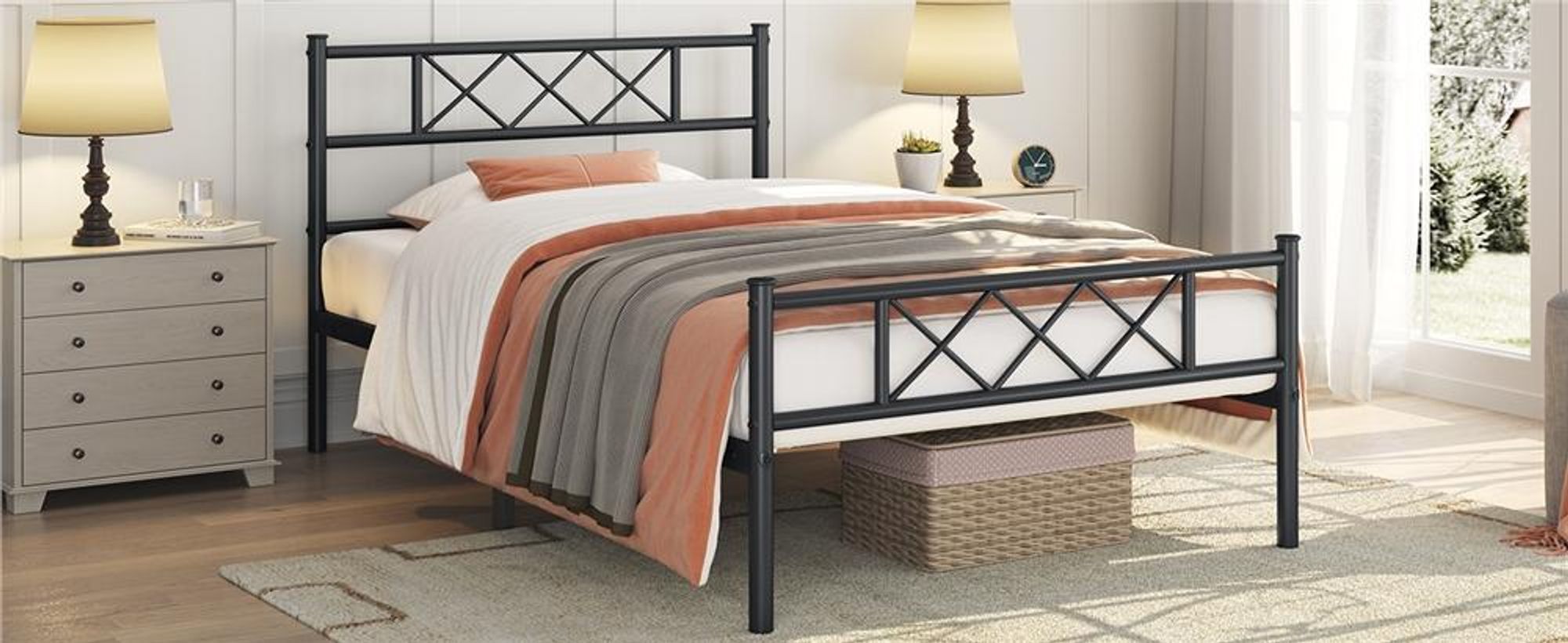 Yaheetech Metallbett Bettgestell mit Kreuzdesign Kopfteil, 90 x 200 cm Bettrahmen, Schwarz
