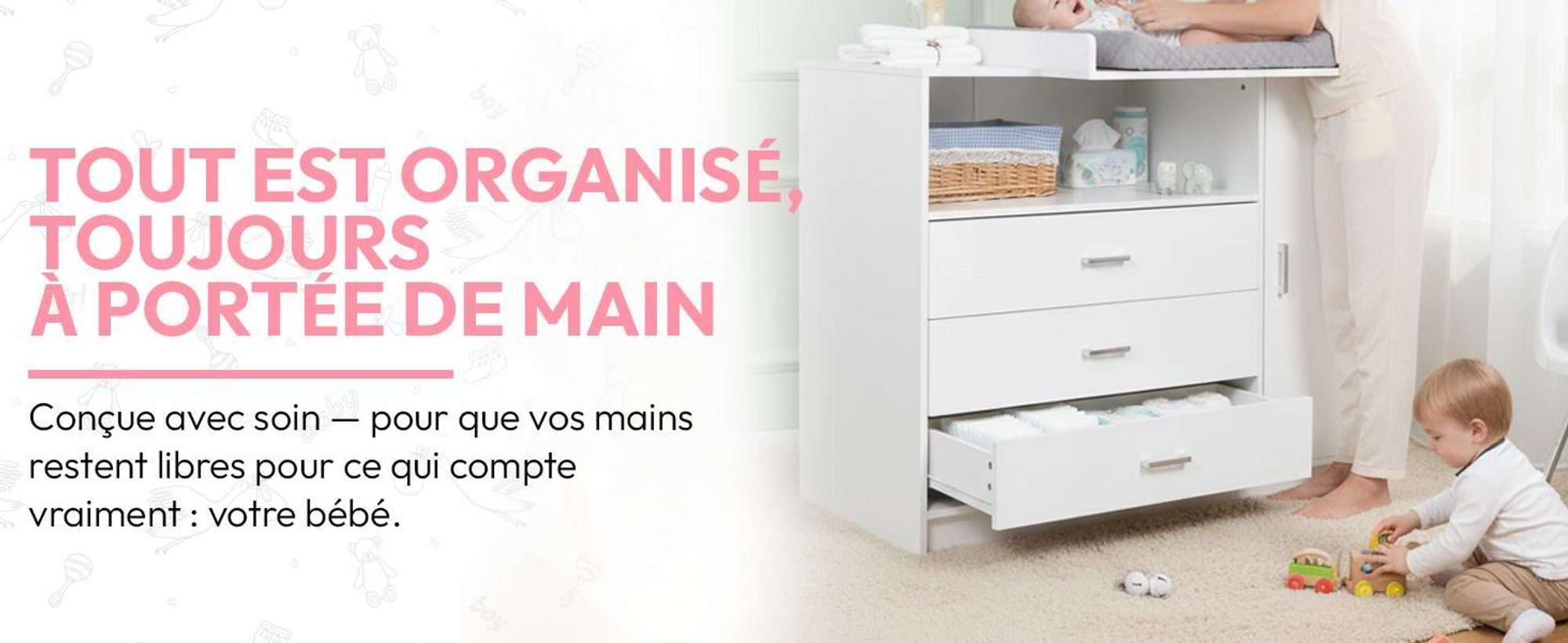 Commode à Langer pour bébé en Bois avec Plan à Langer, 3 tiroirs, 1 Porte, Hauteur 100 cm, Coloris Blanc, Dimensions 113x100 cm