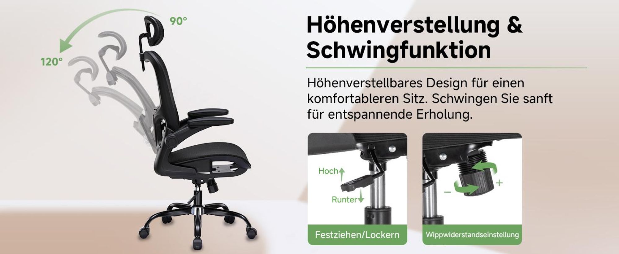 COMHOMA Bürostuhl Ergonomisch, Schreibtischstuhl mit Verstellbarer Kopfstütze, Armlehnen, Lendenwirbelstütze, Wippfunktion, Chefsessel aus Mesh, 150kg