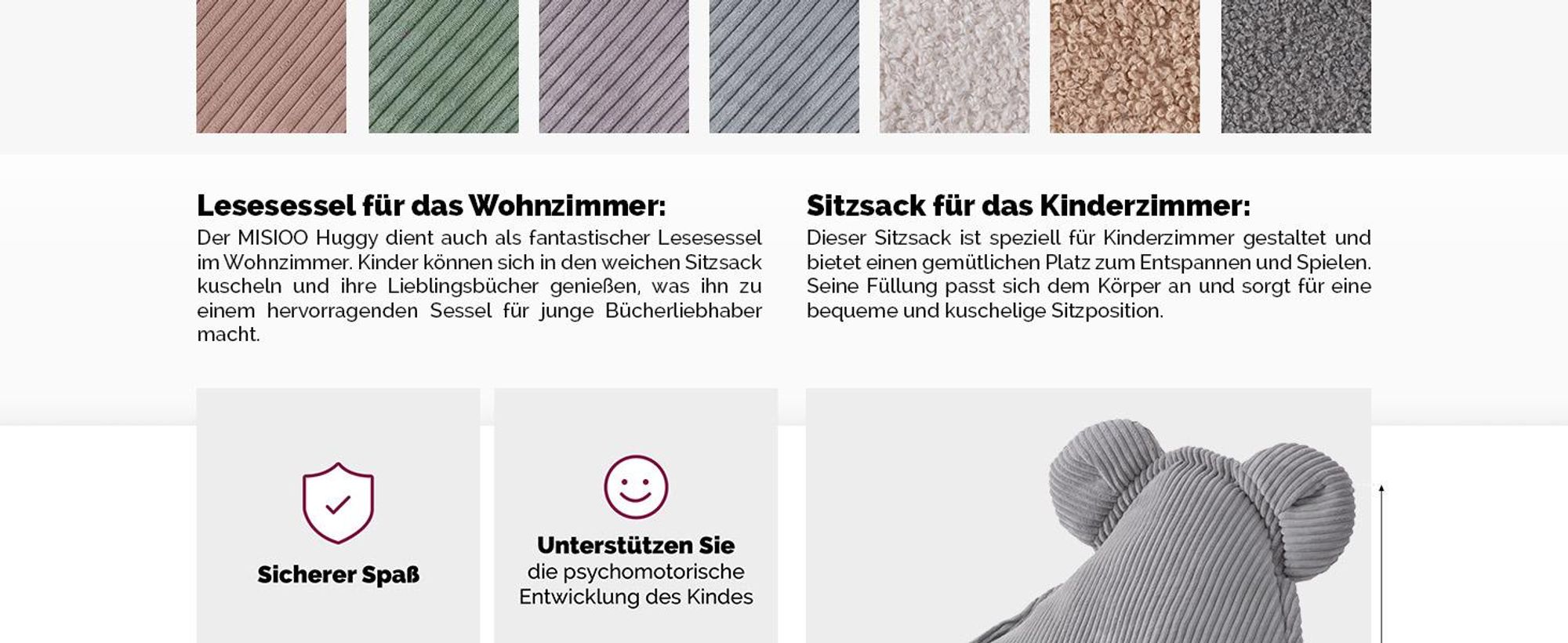 MISIOO Sitzsack Kinder – Waschbar –  – Stabile und Weiche Konstruktion – Cord-Material – 68x45 cm – Perfekt für Kinderzimmer - Grau