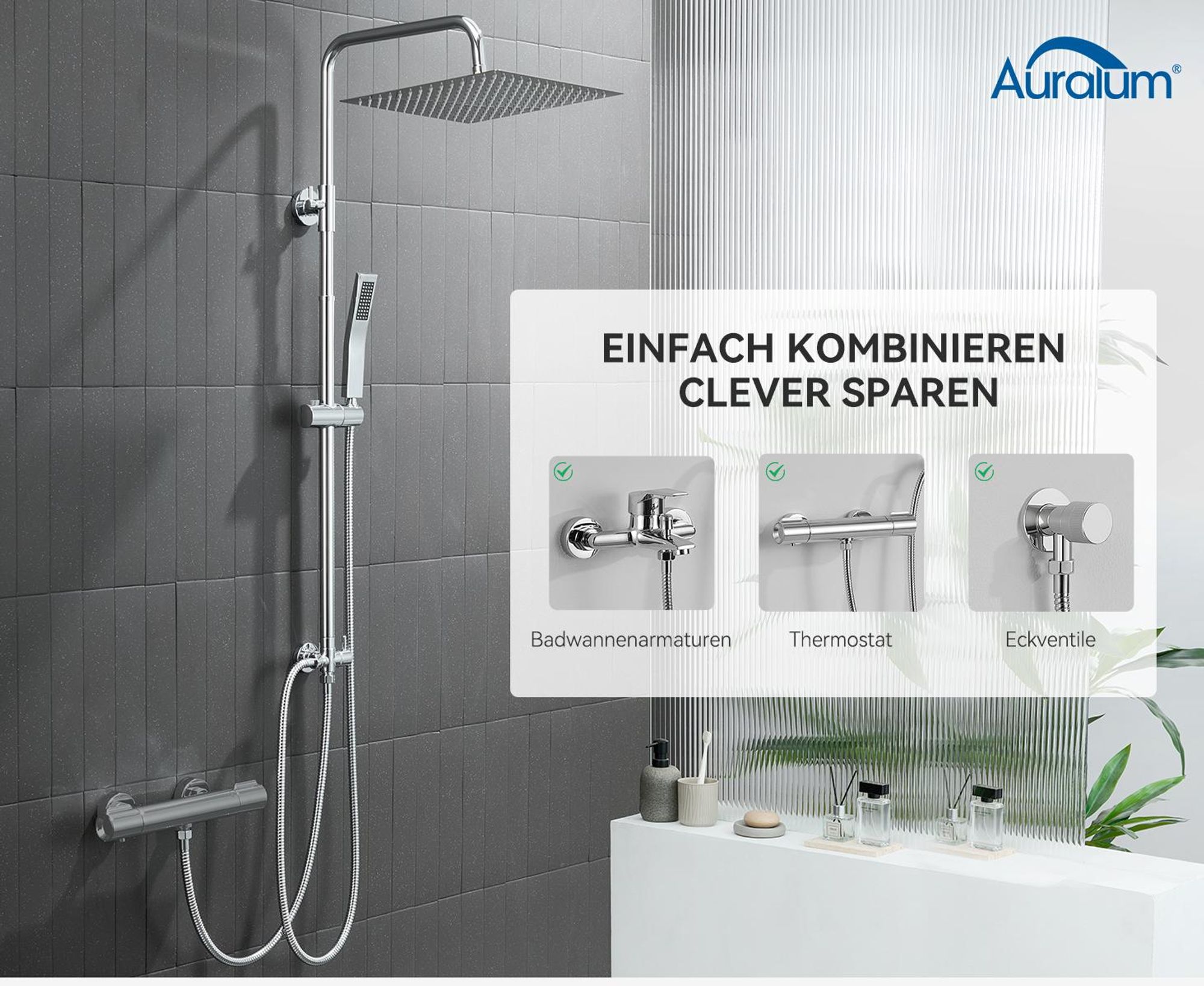 Auralum Regendusche Duschsystem Edelstahl 20x20 cm eckig, Duschset ohne Armatur, Regendusche Chrom, höhenverstellbare Duschstange, mit Wasserteiler