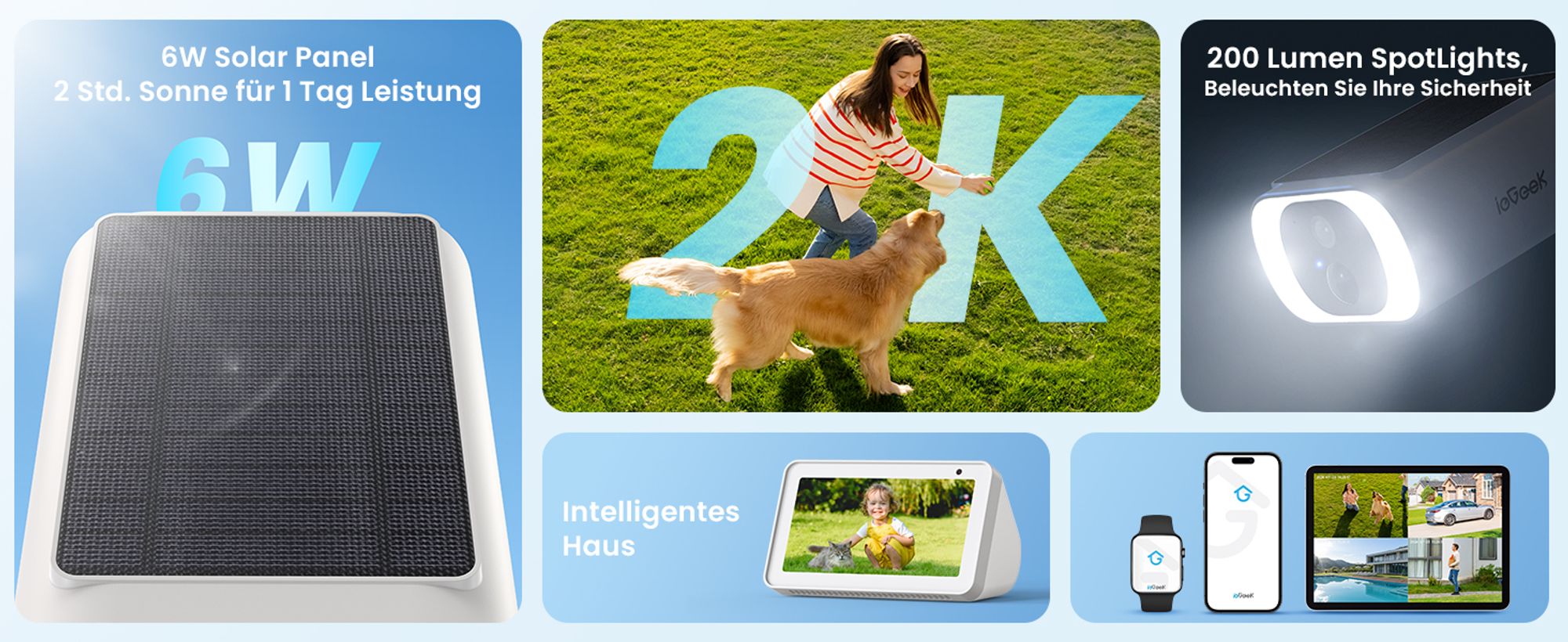 ieGeek 2K Überwachungskamera Aussen Akku, 2.4Ghz überwachungskamera Aussen Solar mit Built-In Solarpanel,Farbnachtsicht, PIR-Bewegungserkennung, Alexa