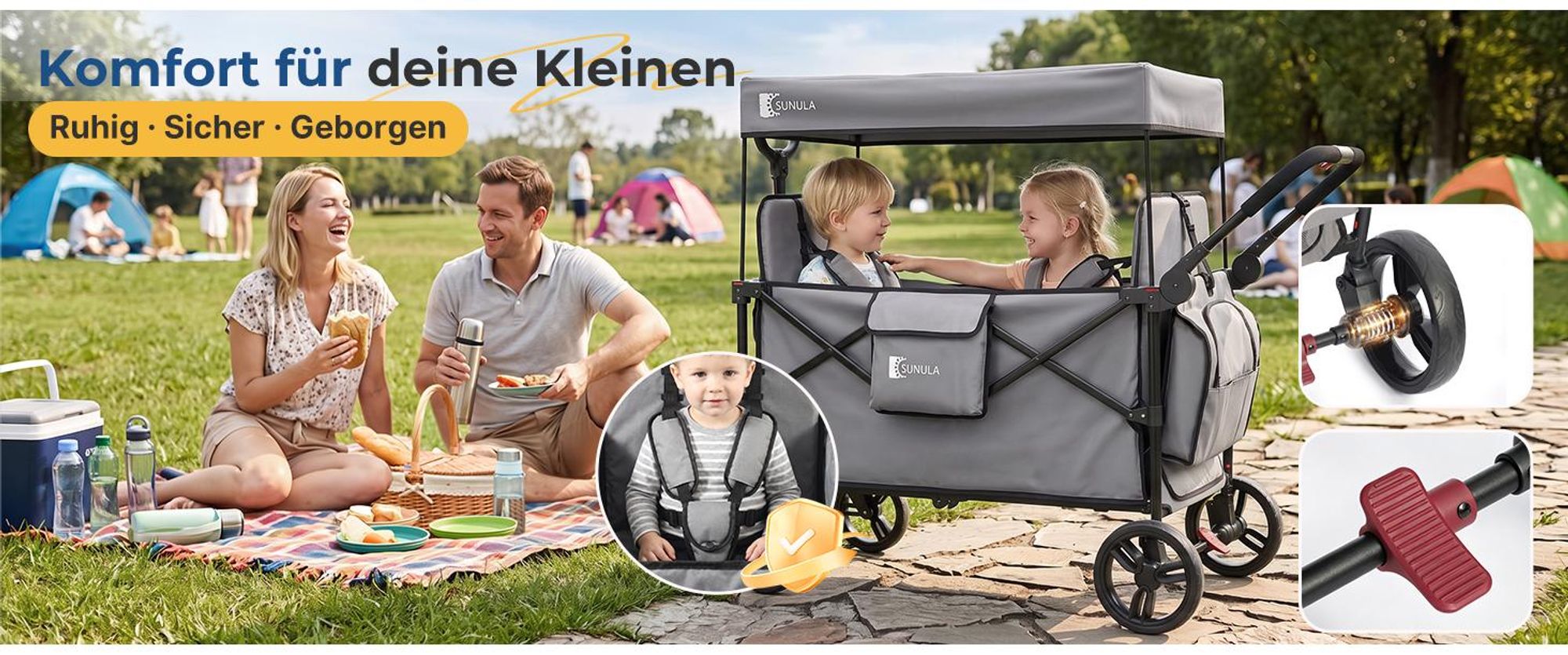 Sekey Faltbar Bollerwagen mit Dach, für 1 bis 2 Kinder, Schiebe- und Zieh Funktion, mit XXL-Rädern (25/20 cm) und 5-Punkt-Gurtsystem, Grau