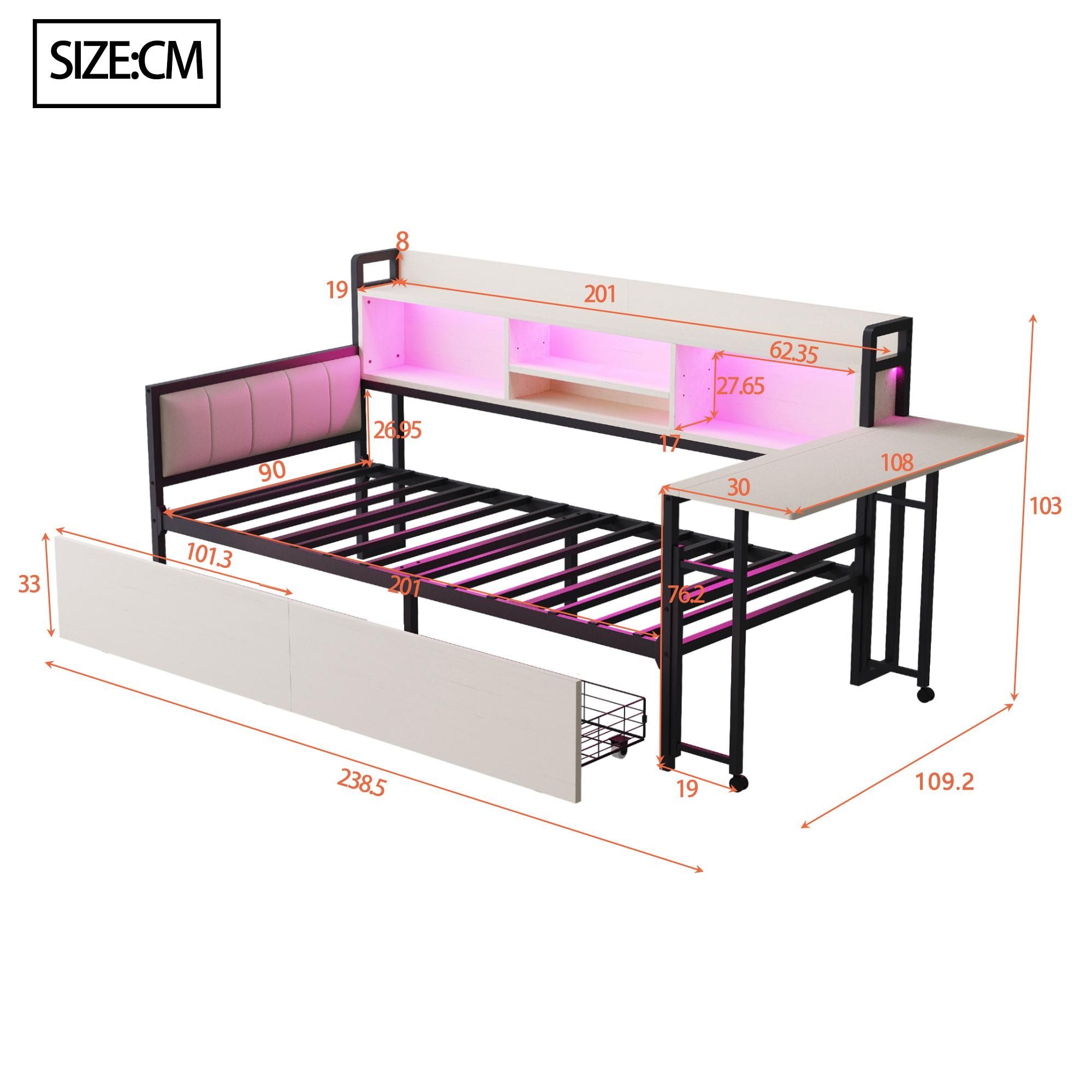 Flieks Schlafsofa Metallbett 90x200cm mit 2 Schubladen, Jugendbett Einzelbett mit Schreibtisch und Ladefunktion, Tagesbett mit Led, Weiß