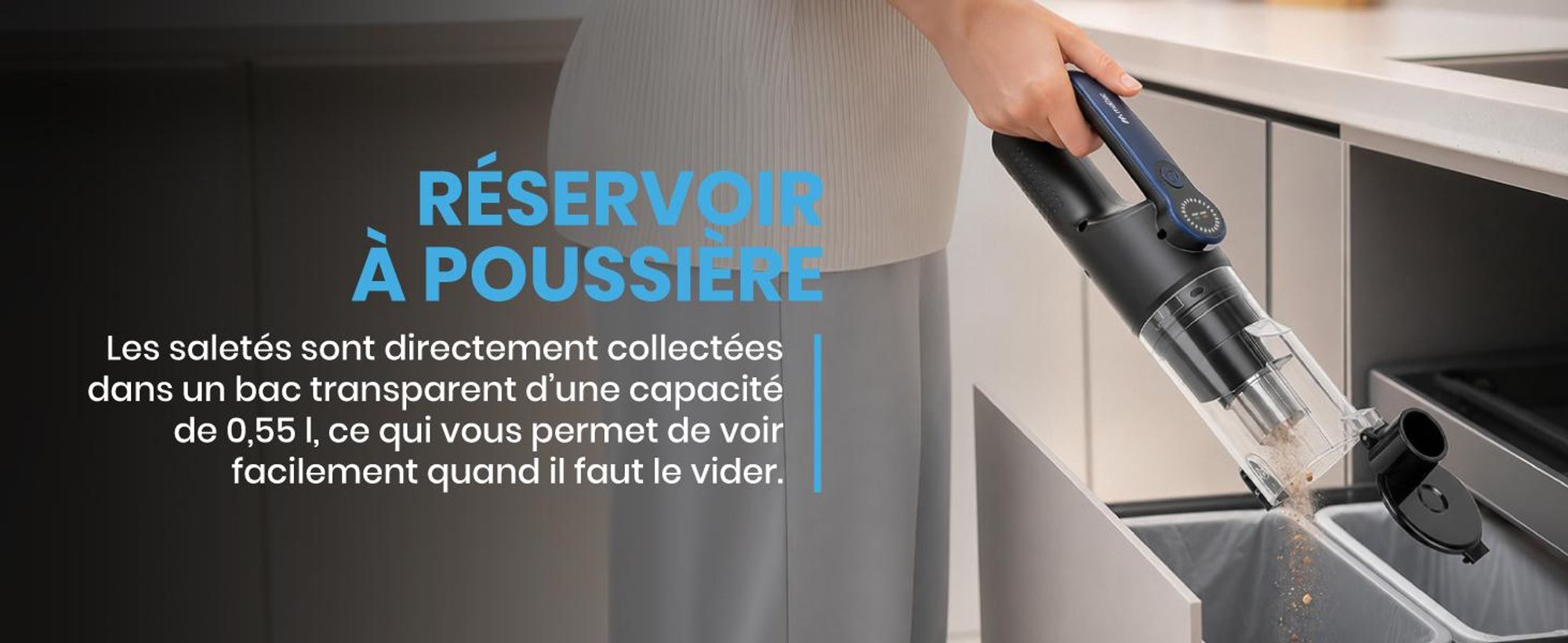 Aspirateur à main sans fil, mini aspirateur sans sac, idéal pour la voiture, le bureau et la maison. Inclut une fonction soufflerie, un filtre HEPA, une technologie cyclonique et une puissance d'aspiration de 18 kPa. Livré avec des accessoires