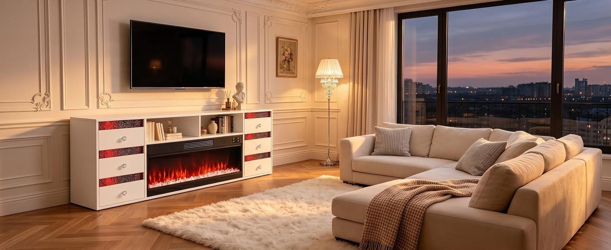 VANITII TV-Schrank mit kamin Heizfunktion，mit farbwechselndem LED-Beleuchtung mit Bluetooth 6 Schubladen Weiβ 180 x 40 x 65 cm