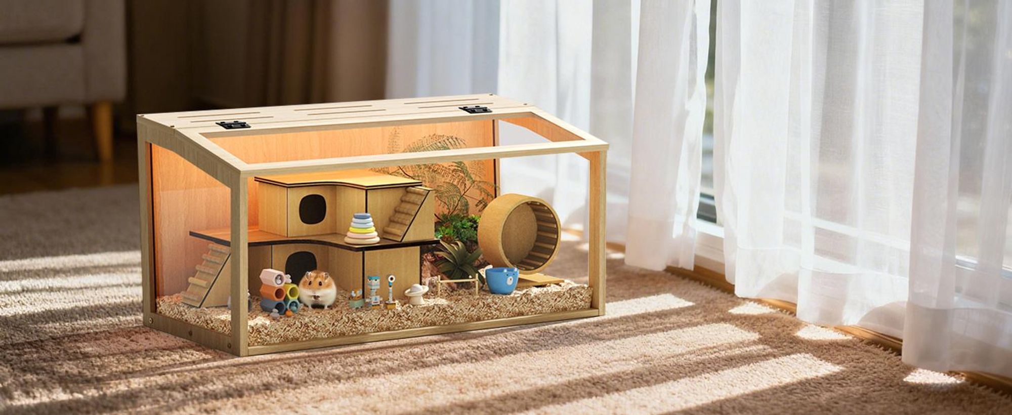 WISFOR Hamsterkäfig mit LED Leuchte, Kleintierhaus aus Holz, Mäusekäfig mit klappbarem Deckel, Sichtfenster, 60 x 40 x 40 cm