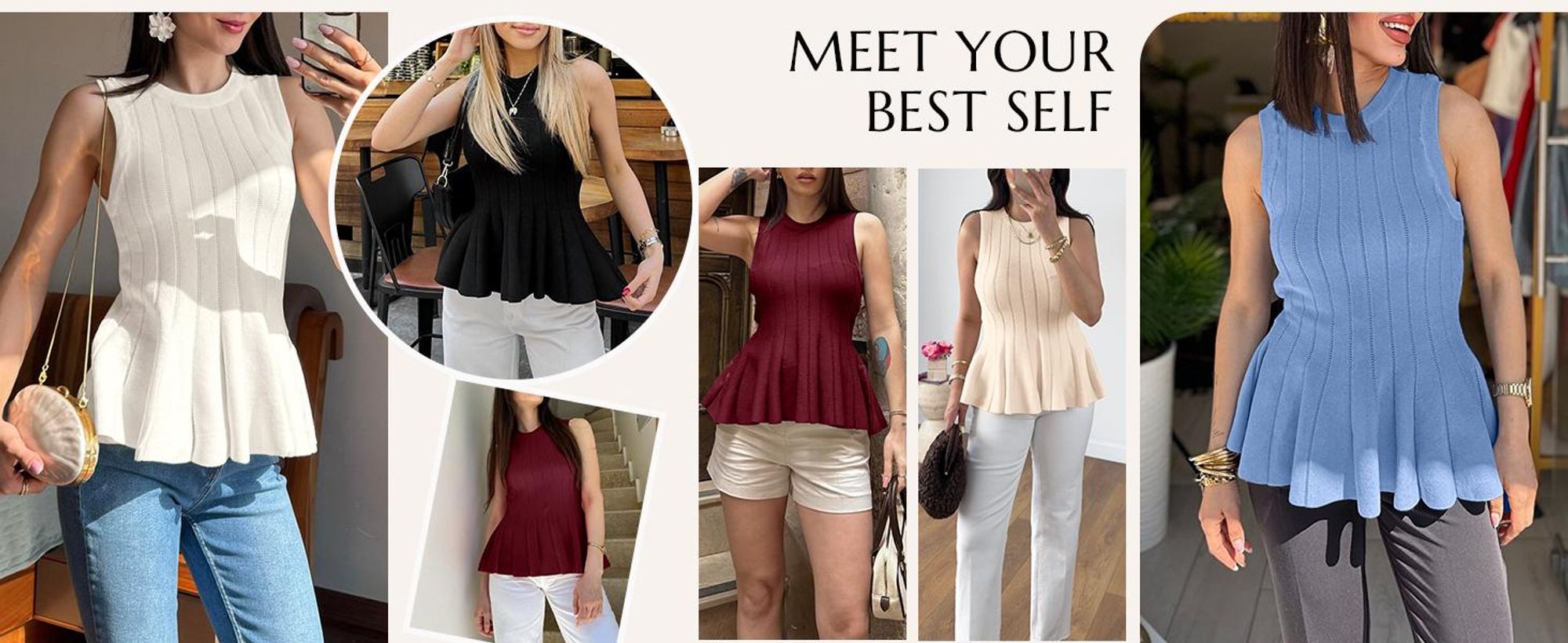 Damen-Tanktops mit Peplum-Schößchen,taillierte,gerippte Strickblusen mit Rundhalsausschnitt,Sommer-Strickweste