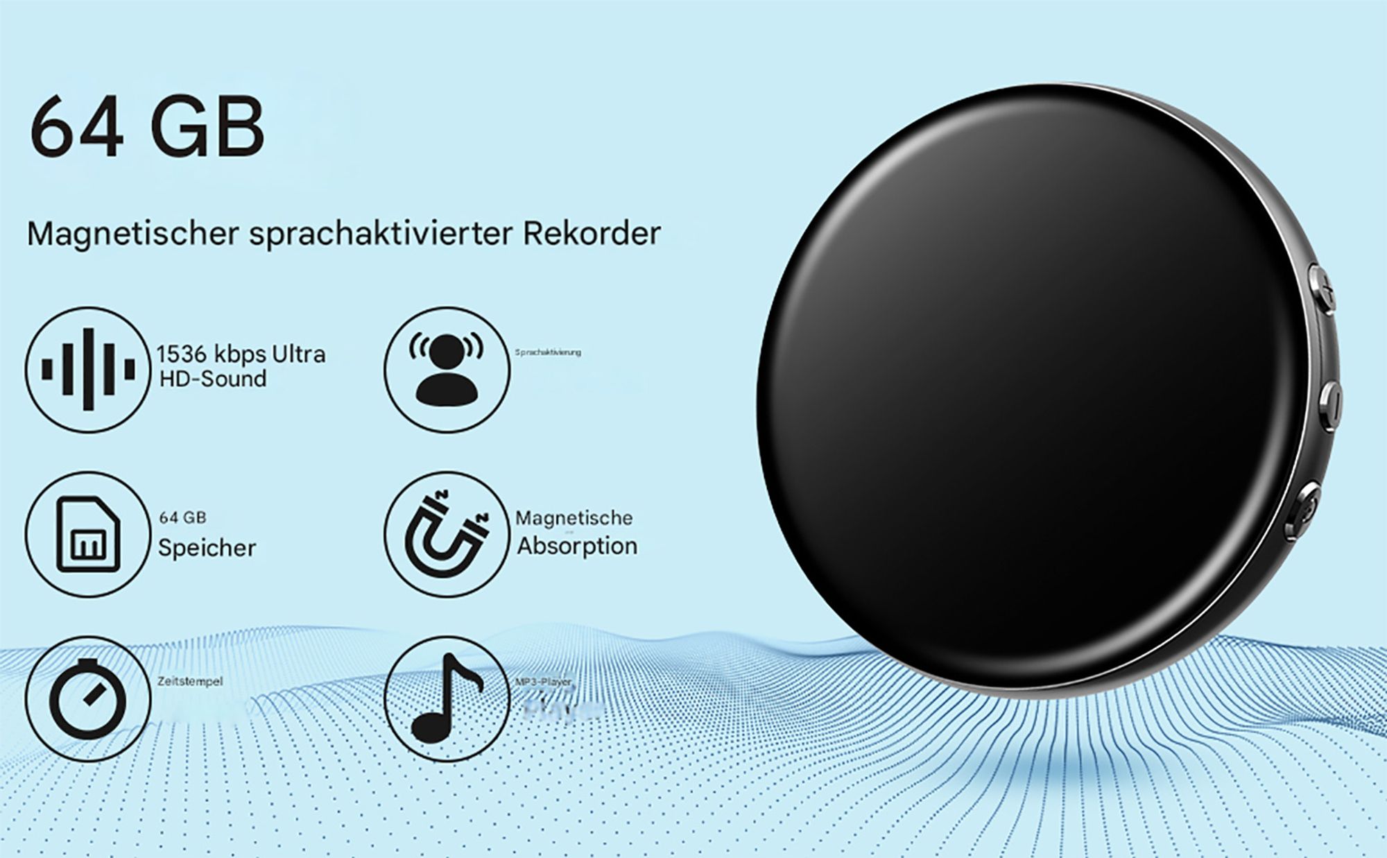64 GB Mini-Digital-Diktiergerät – Magnetisches Diktiergerät für Interviews/Klassenzimmer/Besprechungen