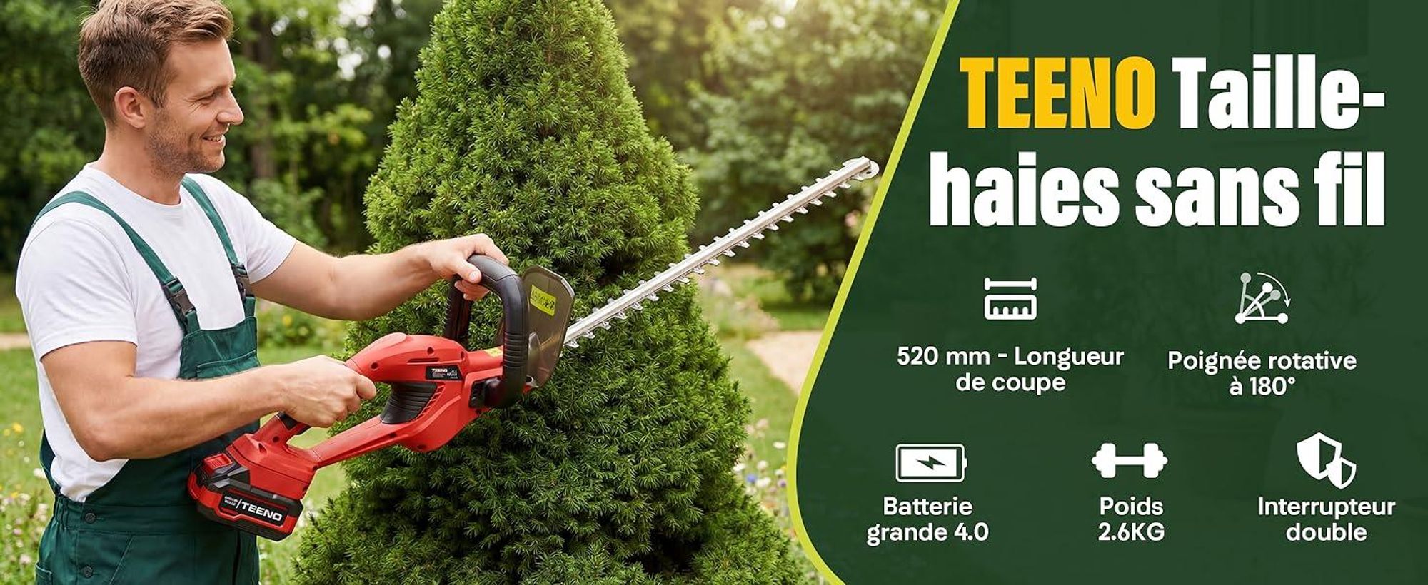 TEENO Heckenschere Akku 20 V: Elektrische Heckenschere mit 1 Akku 4000 mAh, Klinge 52 cm, Schnitt 16 mm, 180° drehbarer Griff, für Garten, Hecken
