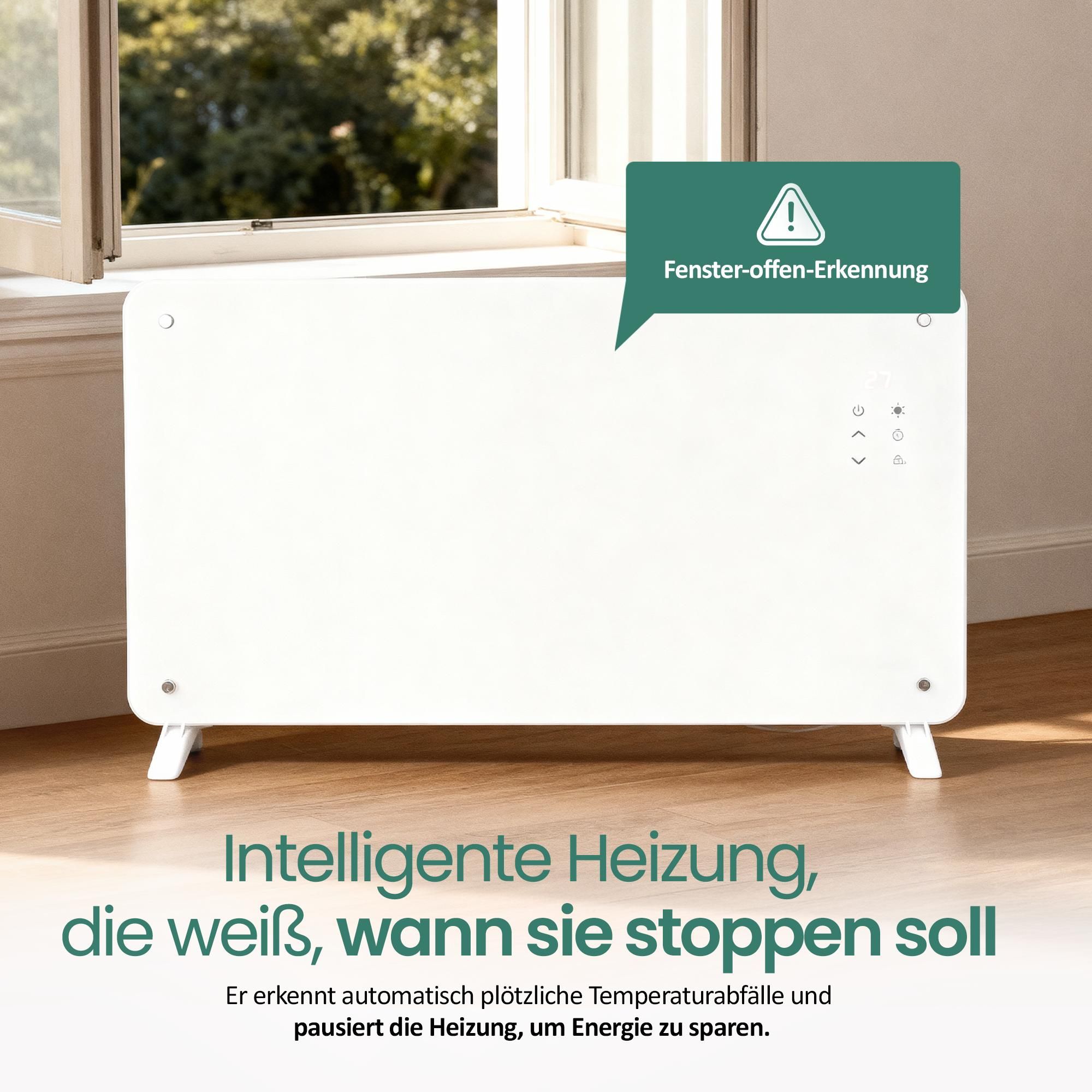 Emerio Glasheizkörper GR-133080.1 - 25 m² - 2000W - 2 Heizstufen - Timer - Fernbedienung - IP24 - Kippschutz - Wand- oder Standmontage - Display