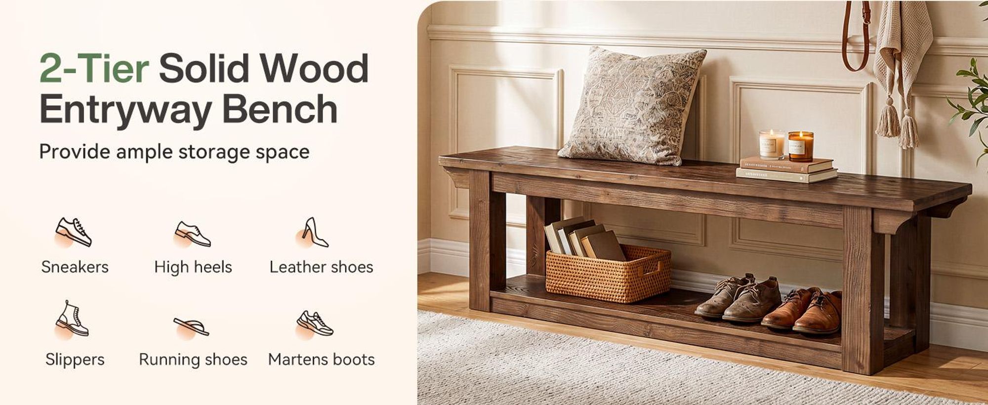 Sitzbänke, 160 cm lange Eingangsbank aus Massivholz mit zweistufigem Schuhregal, Bettbank aus Holz, ideal als Schuhbank im Landhausstil