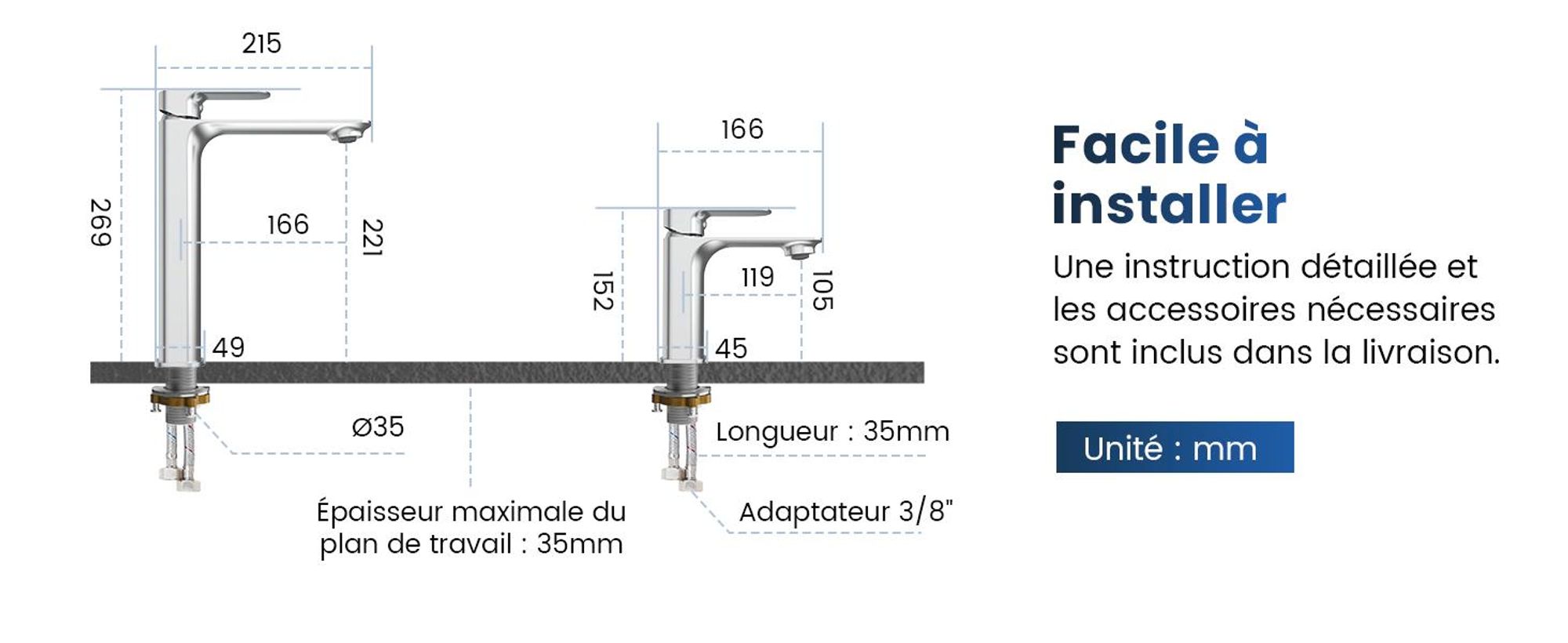 EMKE Robinetterie pour lavabo Robinetterie pour salle de bains Mitigeur monocommande Robinet de salle de bains en laiton 269 x 215 x 49 mm Chrome