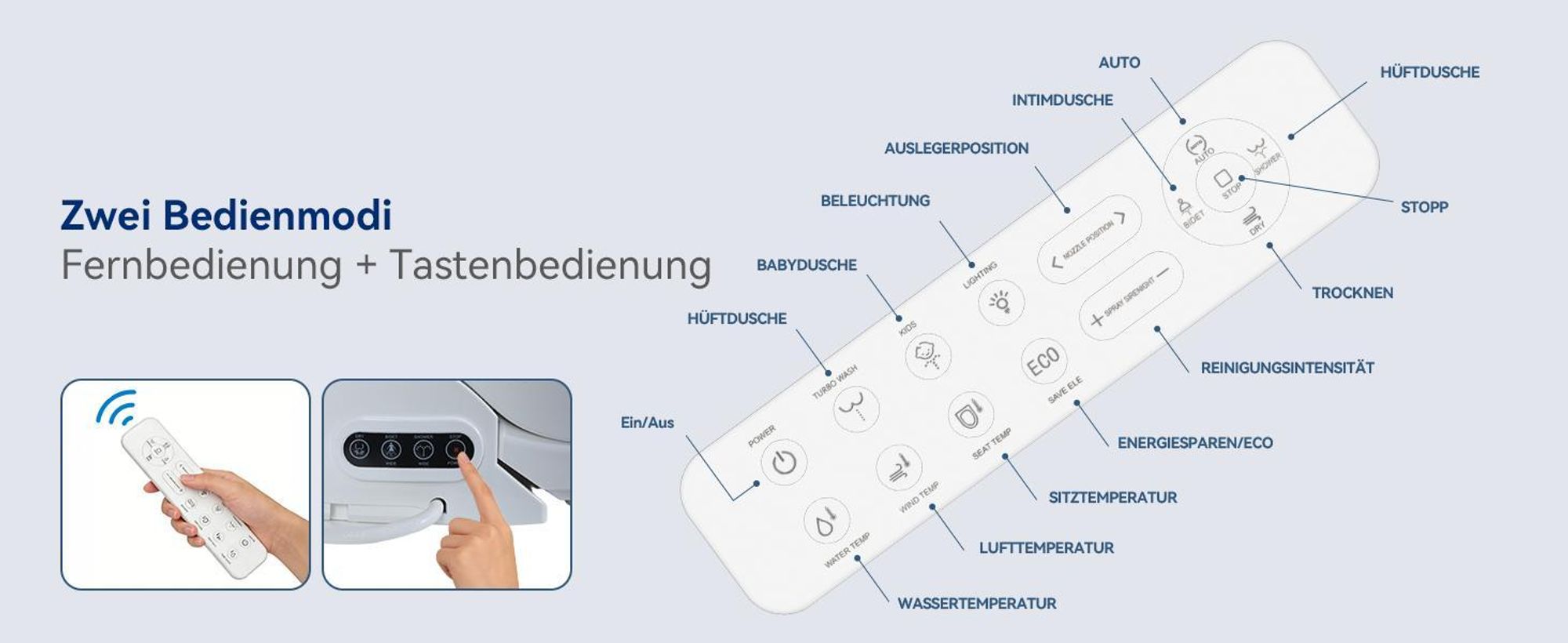 Puluomis Toilettensitz mit Fernbedienung, Warmluft, Heizsitz, Selbstreinigende Bidet-Funktion, 3-Temperaturstufen, LCD Display, Dämpfungsdesign kurz