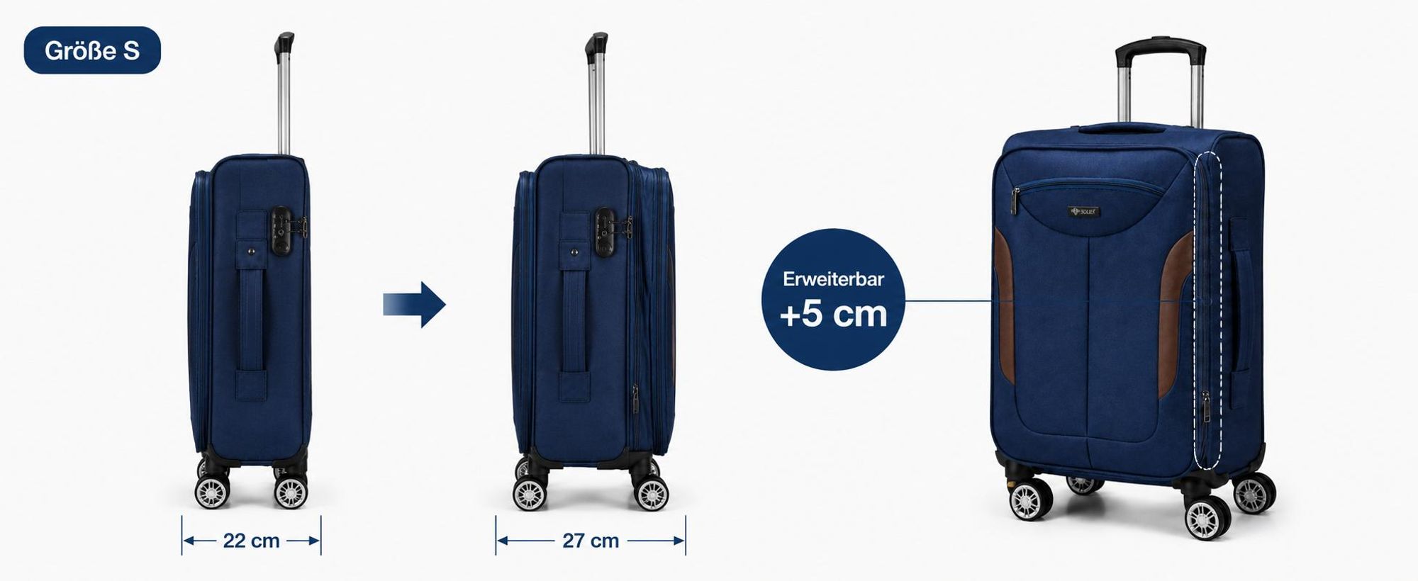 Solier Handgepäck Koffer 25 L, Kabinentrolley, 4 Rollen, erweiterbar