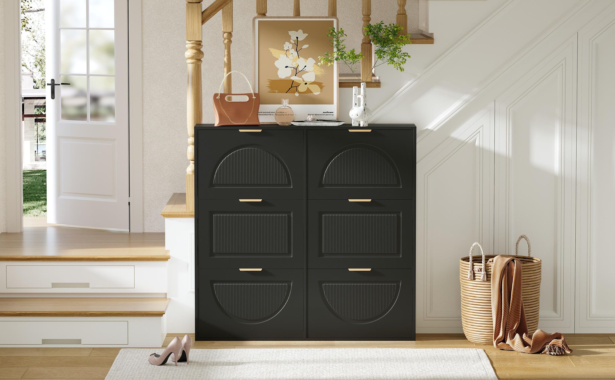 Merax Schuhschrank Schuhablage mit 6 Klappen, Schuhkipper Schuhkommode, Schmal Schuhregal für Flur & Eingangsbereich, 118×115×25 cm, Schwarz