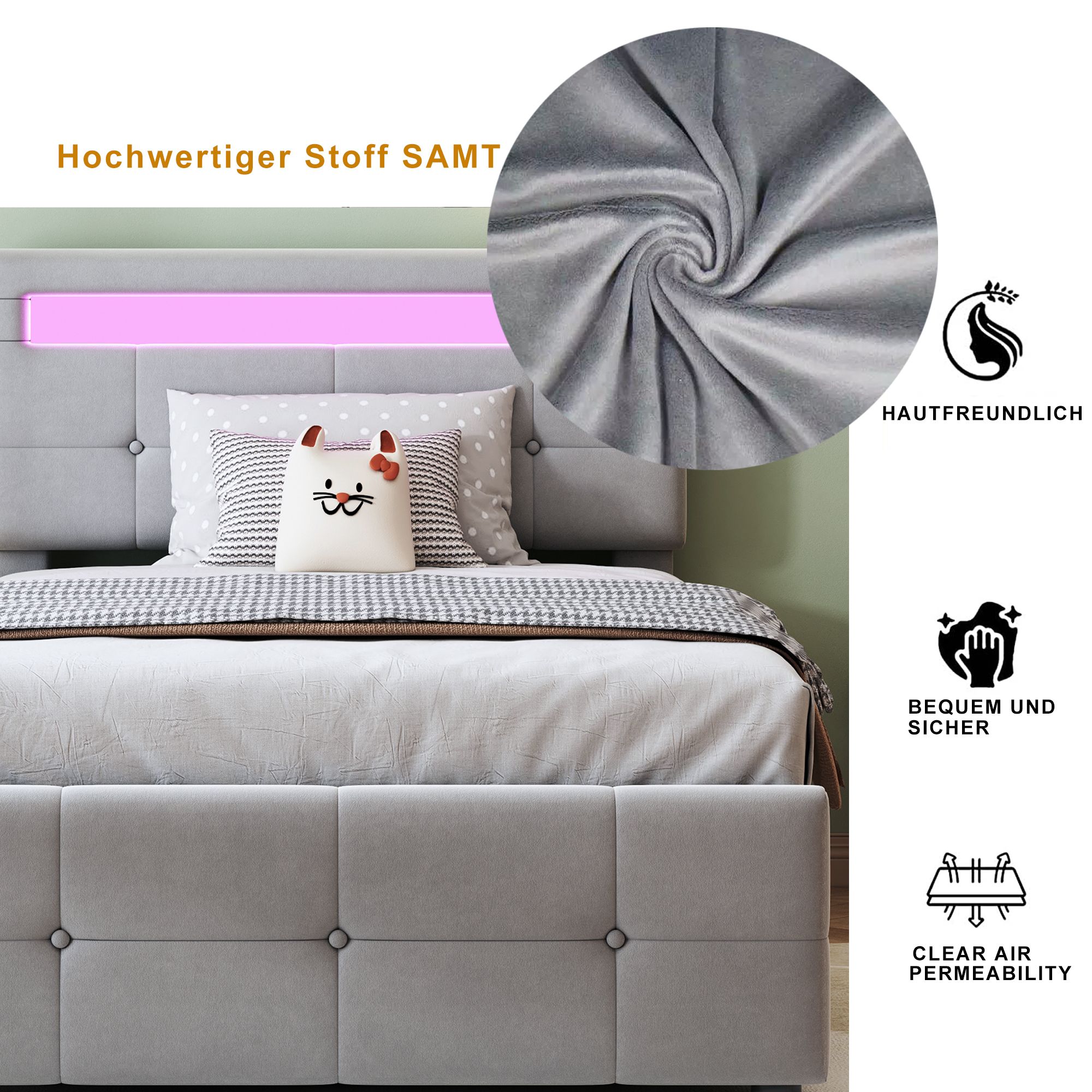 Flieks Hydraulisches Polsterbett 90x200cm mit LED, Jugendbett Einzelbett mit Lattenrost, Stauraumbett Boxspringbett höhenverstellbarem Kopfteil, Samt