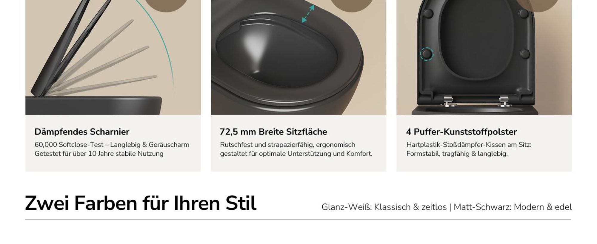 EMKE Hänge-WC spülrandlos Keramik Wassersparend Wandmontage Toilette mit Direktspülung Doppel-Loch-Gegenspülung Soft-Close Deckel Mattschwarz