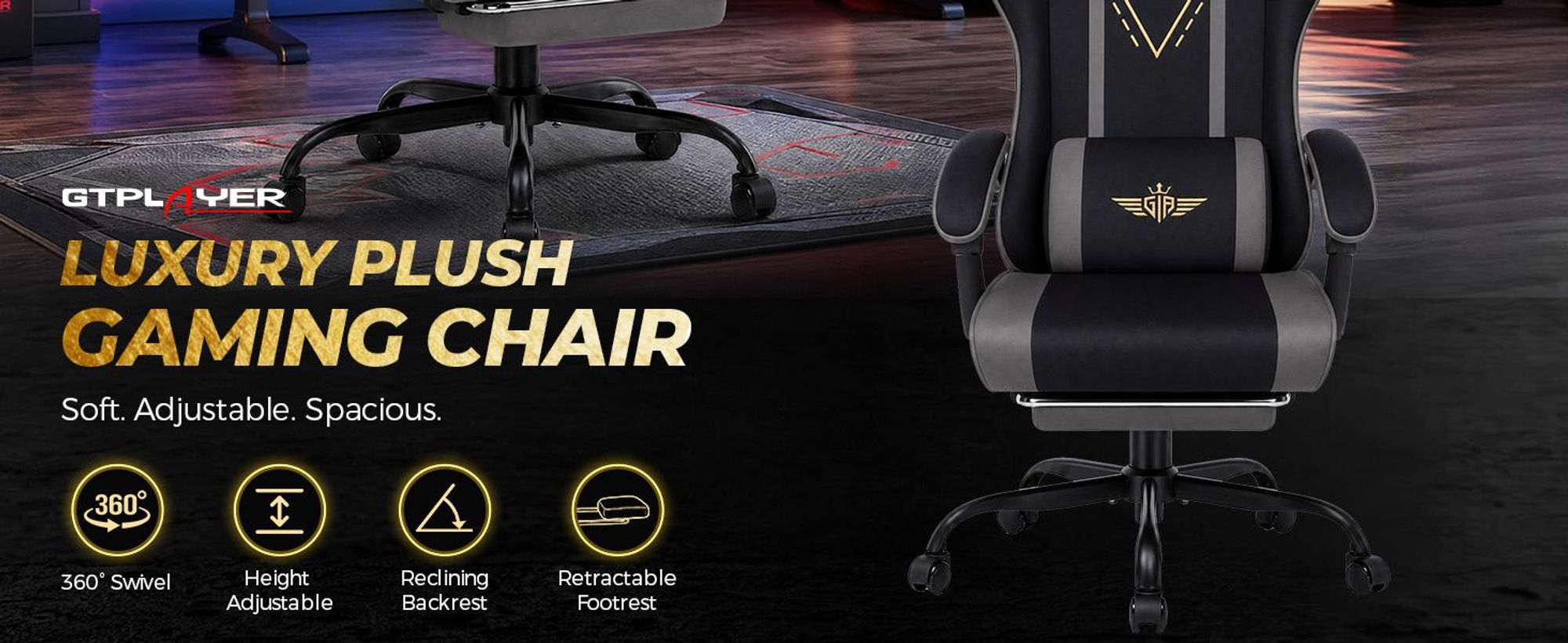 Silla de juego GTPLAYER, ergonómica, con superficie de tela, cojín de asiento con muelles, reposabrazos ajustables y reposapiés. Capacidad máxima de 150 kg. Color: gris