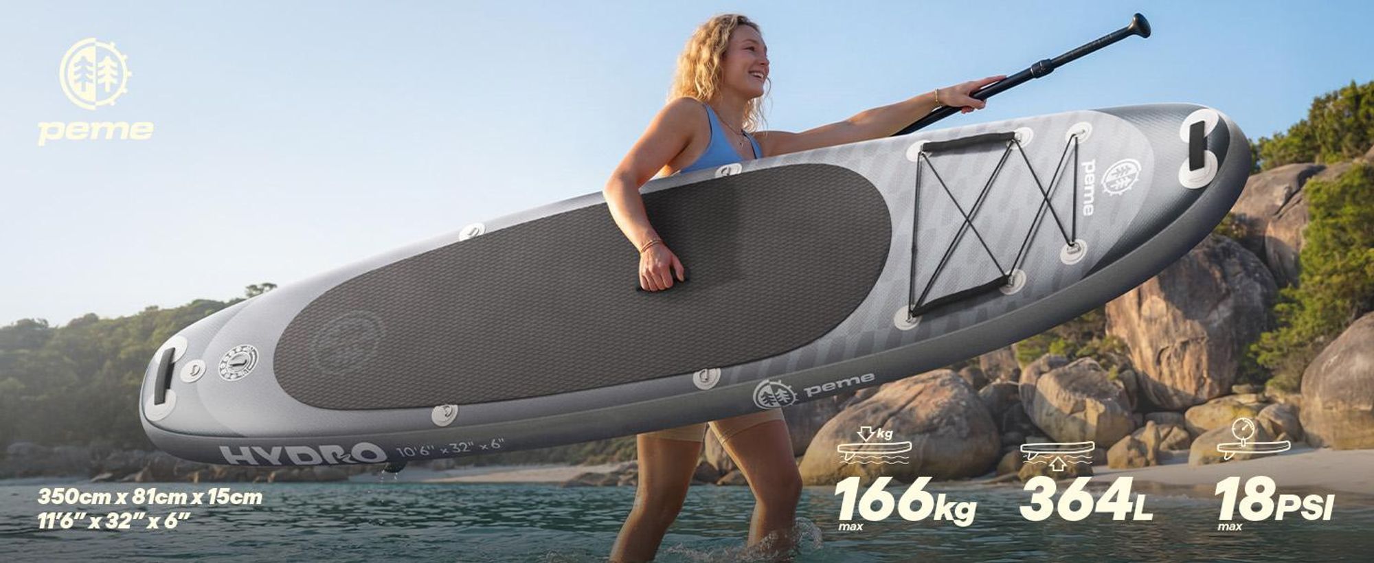 PEME Stand Up Paddle Board - Dark Sky - 350 cm - Dopple Paddel und komplette Zubehöre, SUP, Surfboard aufblasbar- Grau & Schwarz