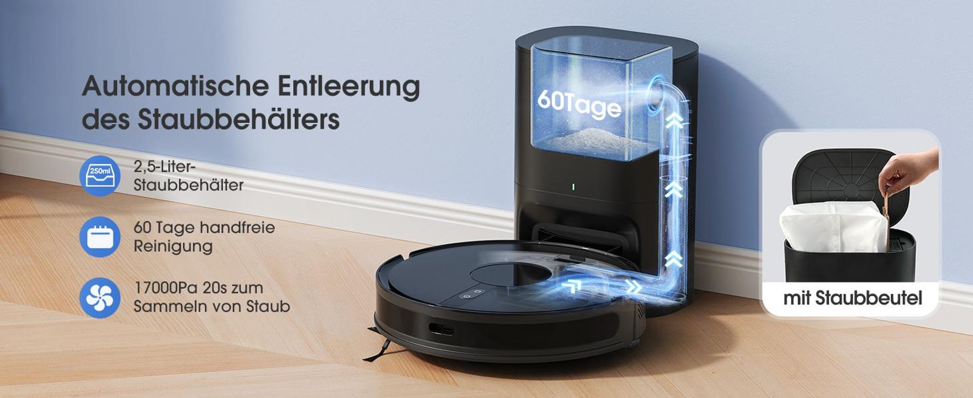 Lubluelu B40 Plus Staubsauger Roboter, 17000Pa Saugkraft, 20S Selbstentleerung, 3-in-1 Saugen & Wischen, Automatische Aufladung, Ideal für Tierhaare