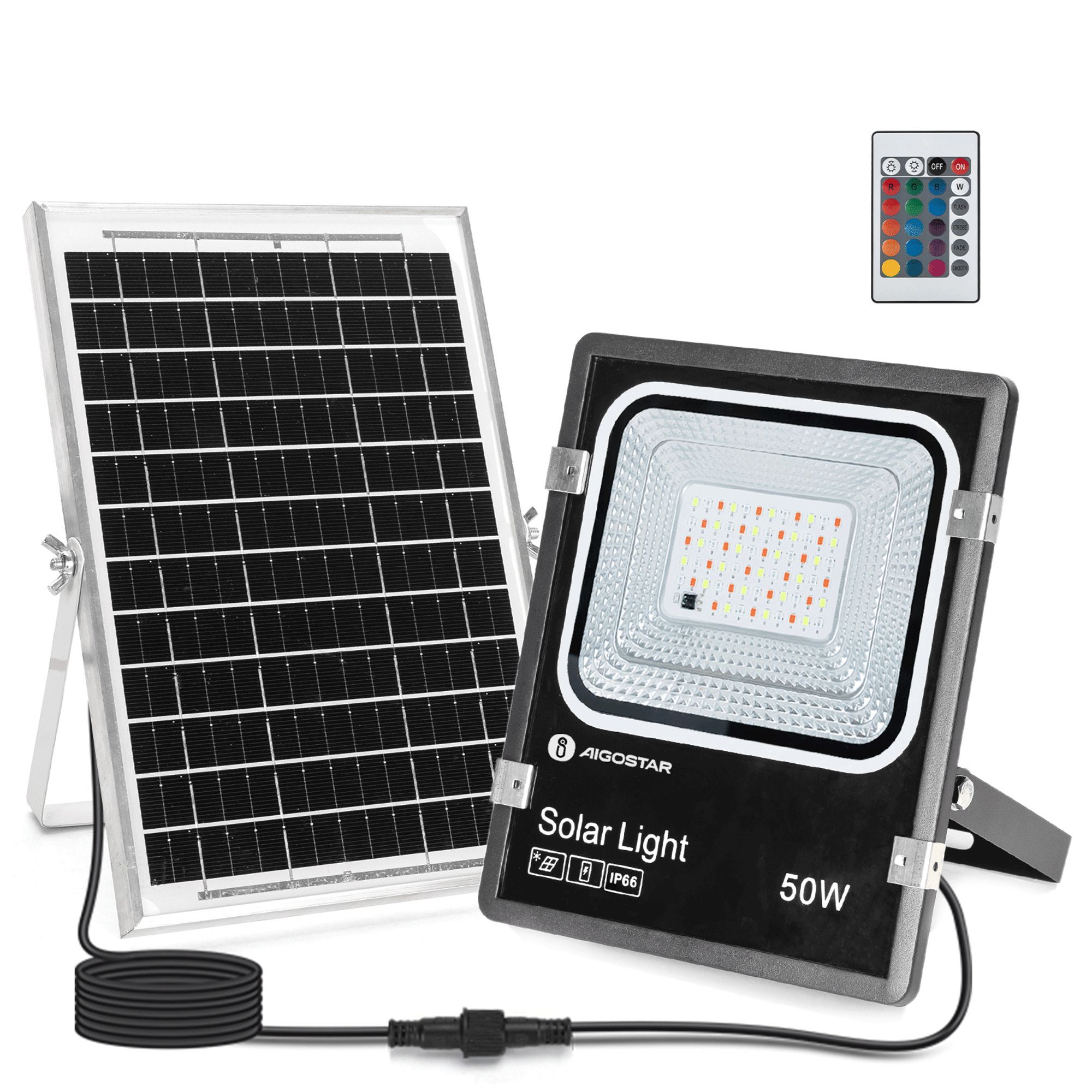 Aigostar- RGB Solar Strahler Außen 50W , LED Gartenstrahler mit Fernbedienung, 4000 mAh Akku mit großer Kapazität und großem Solarpanel,IP66